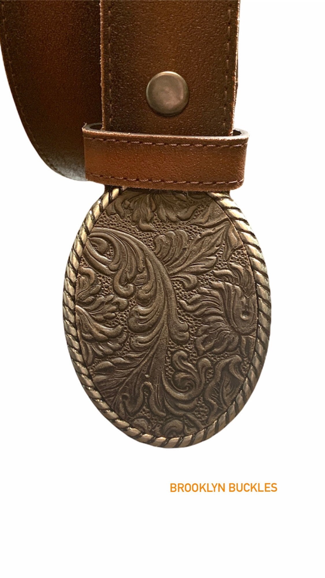 Dark Brown Floral Oval Leather Belt Buckle