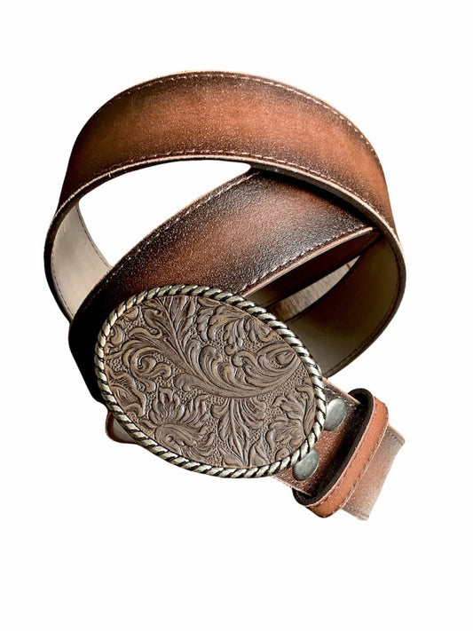 A dark brown embossed leather western style belt buckle