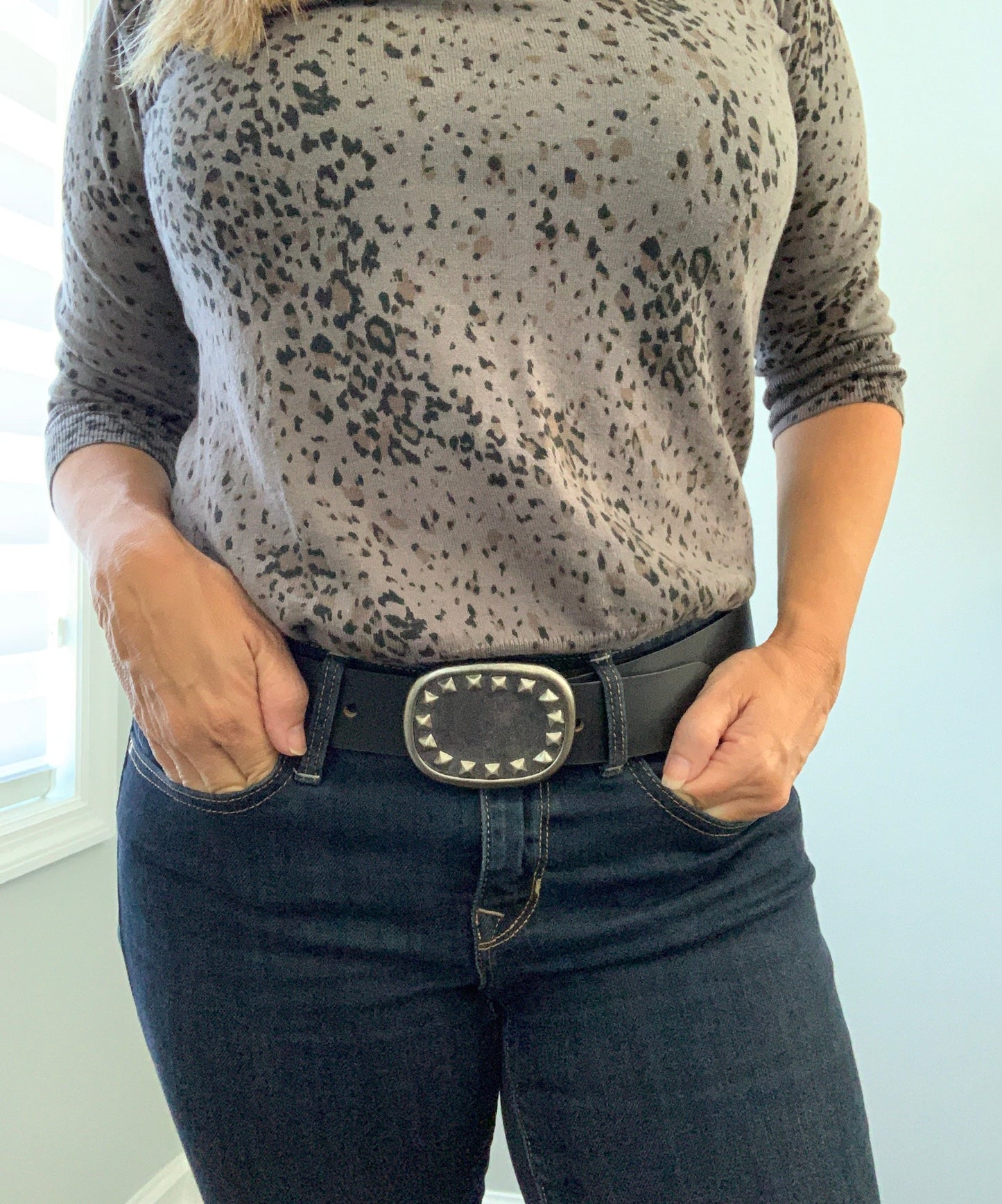 Studded Espresso Brown Suede Belt Buckle