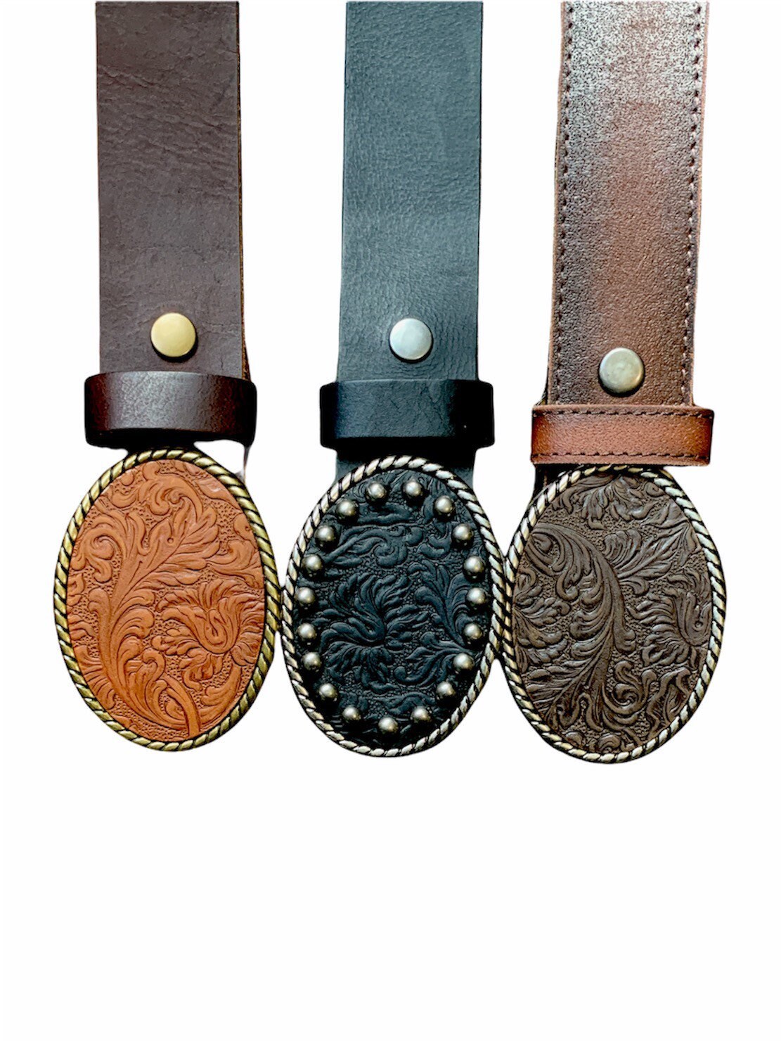 Dark Brown Floral Oval Leather Belt Buckle