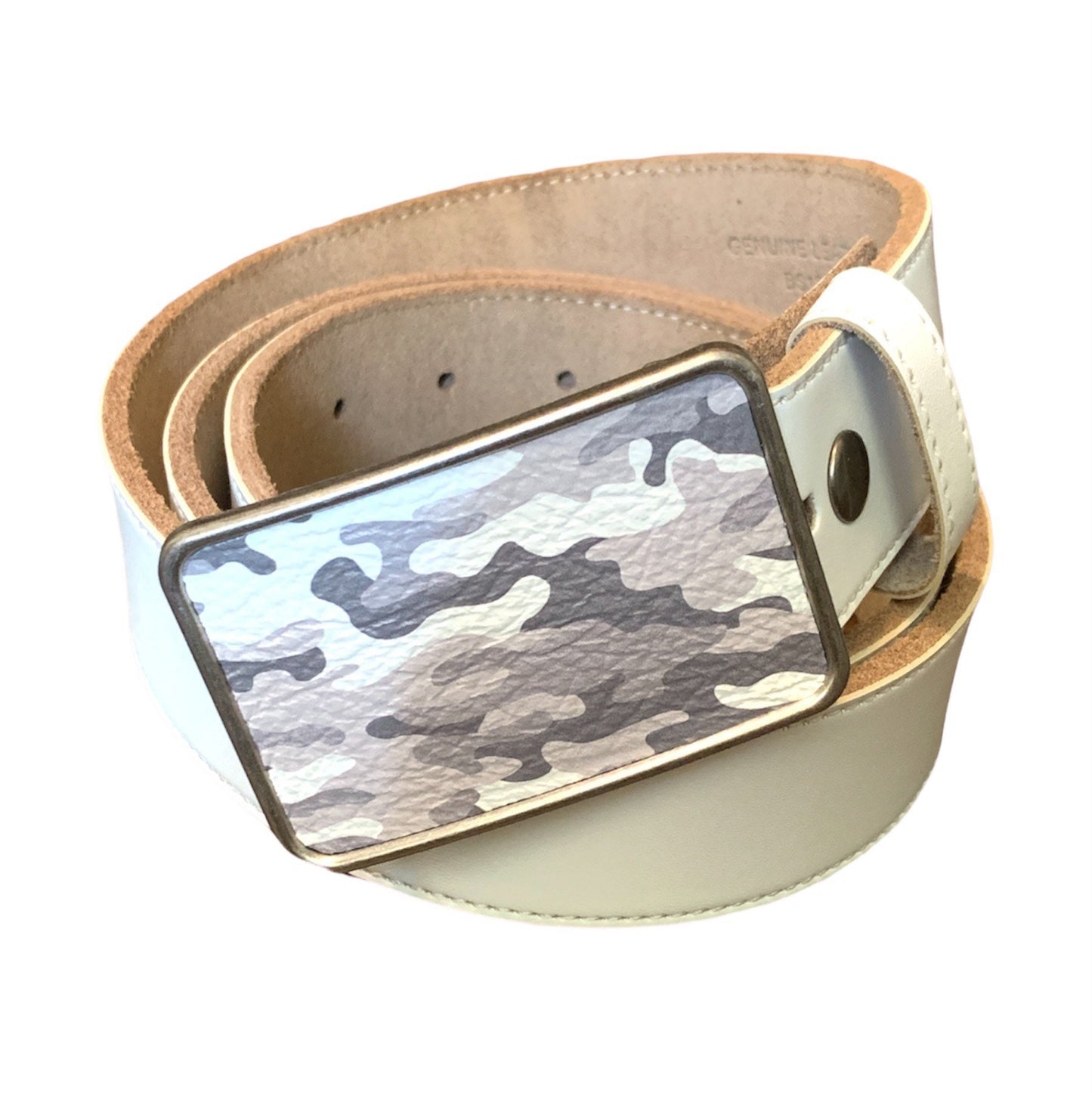 Camouflage White and Gray Leather Belt Buckle