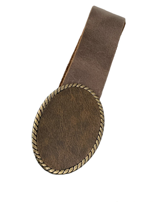 Rustic Brown Leather Oval Rope Belt Buckle