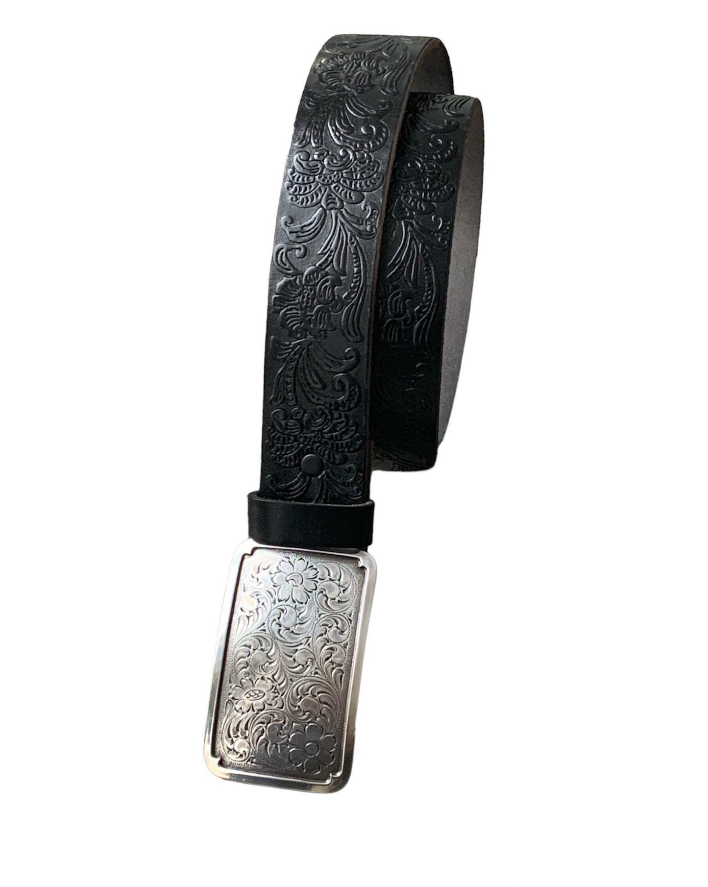 Black Western Embossed Leather No Buckle Belt