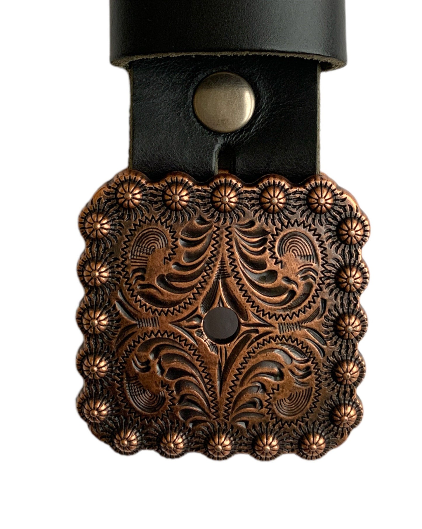 Cross Concho Engraved Copper Belt Buckle
