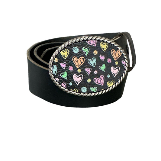 A black leather belt buckle with a colorful hearts pattern on the buckle, and a plain black belt attached.
