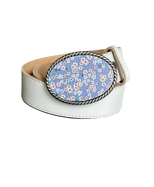 daisy print leather in lavender belt buckle