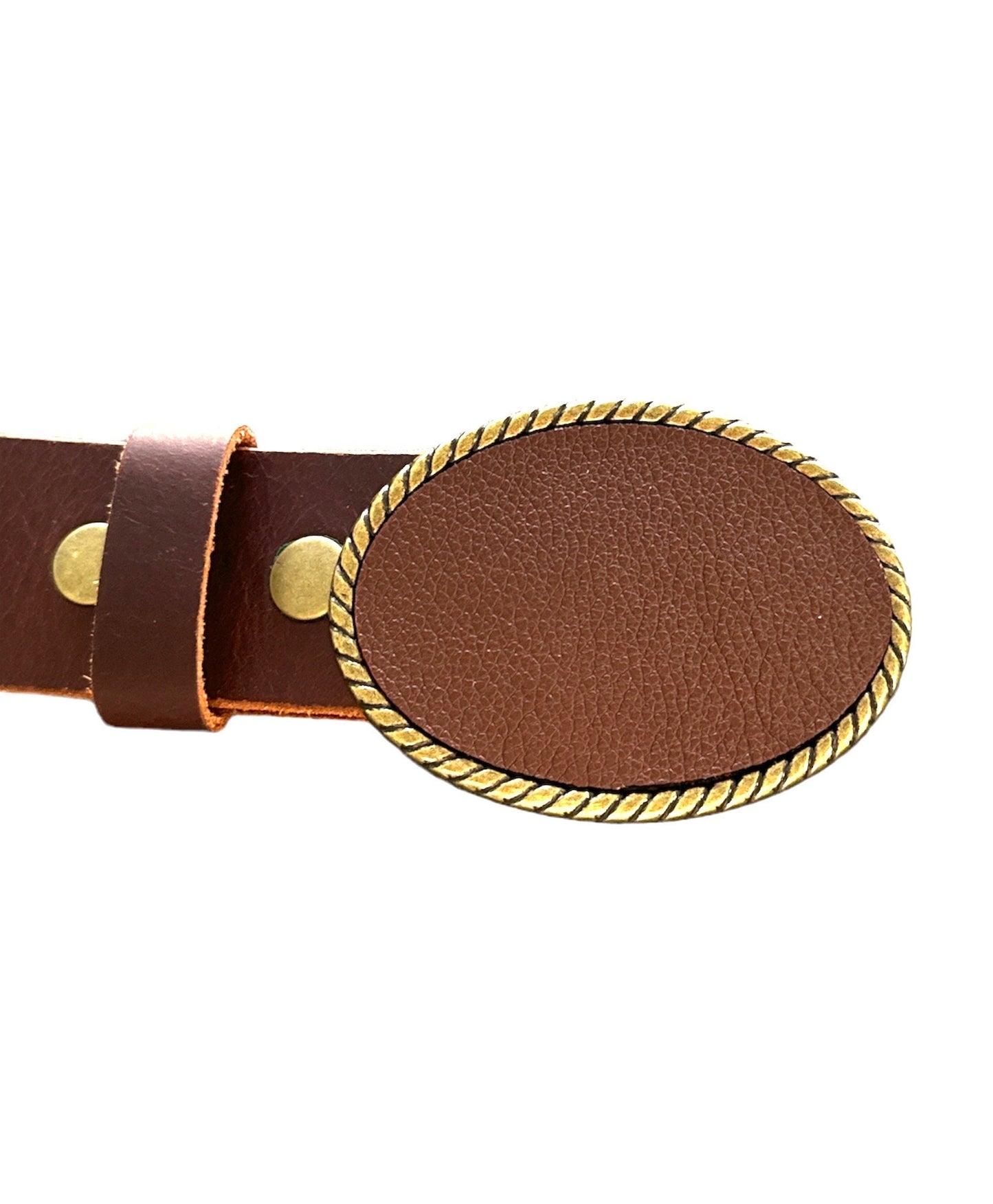 Classic Brown Leather Belt Buckle On Oval Rope Brass Buckle