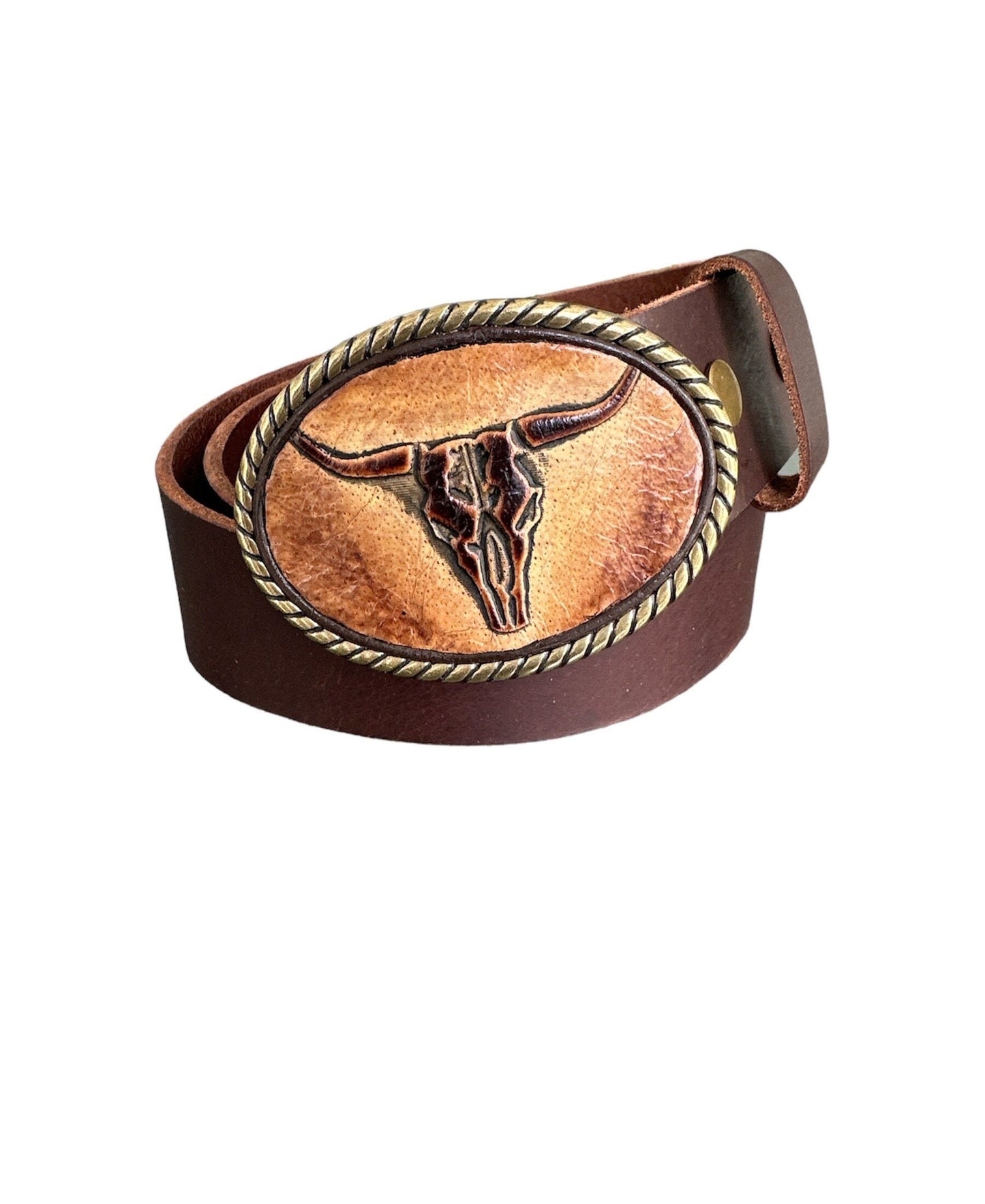 A brown leather belt buckle with an embossed Longhorn steer design and a decorative rope-like border.