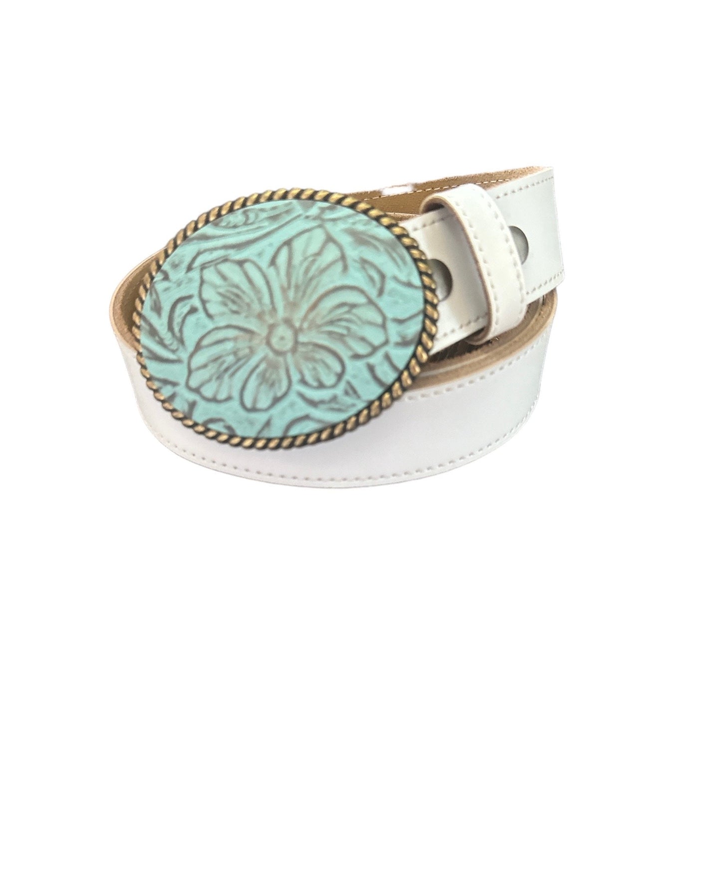 Floral Turquoise Embossed Leather Belt Buckle