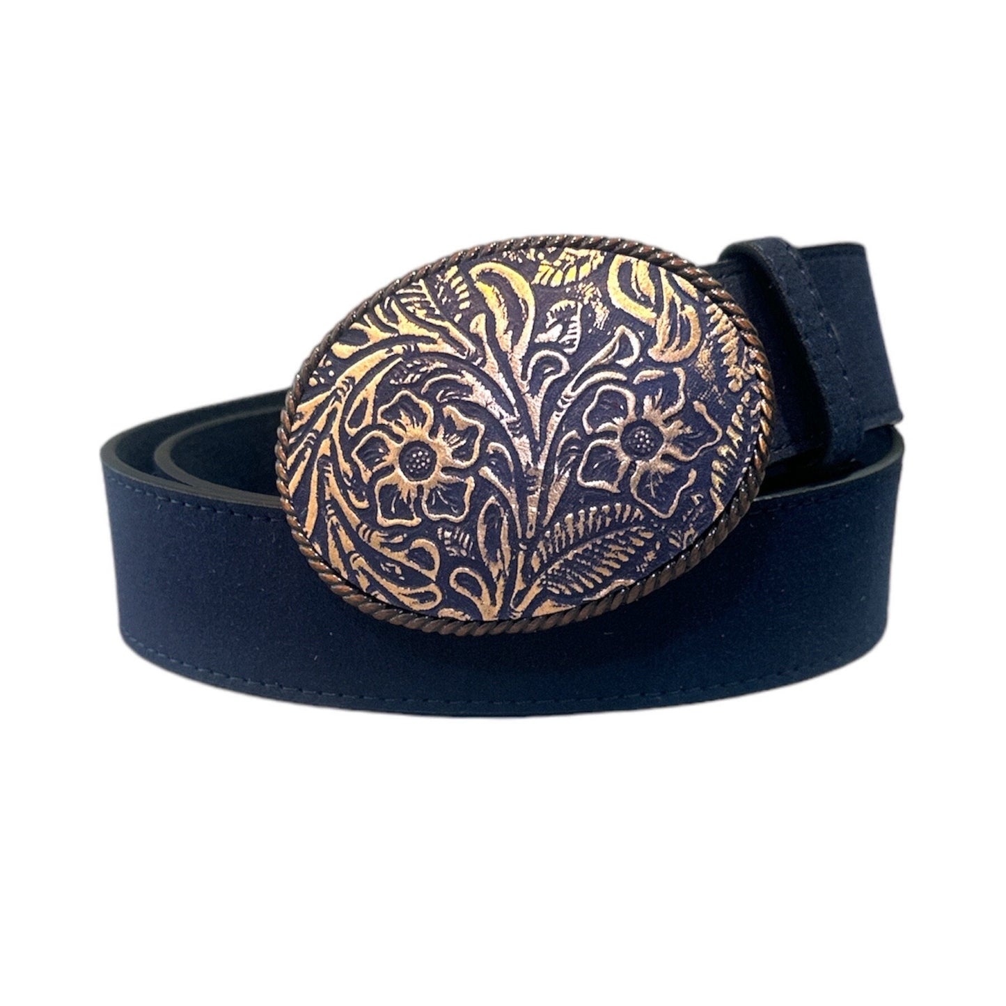 Navy blue with a metallic rose gold embossed leather belt buckle featuring floral patterns.