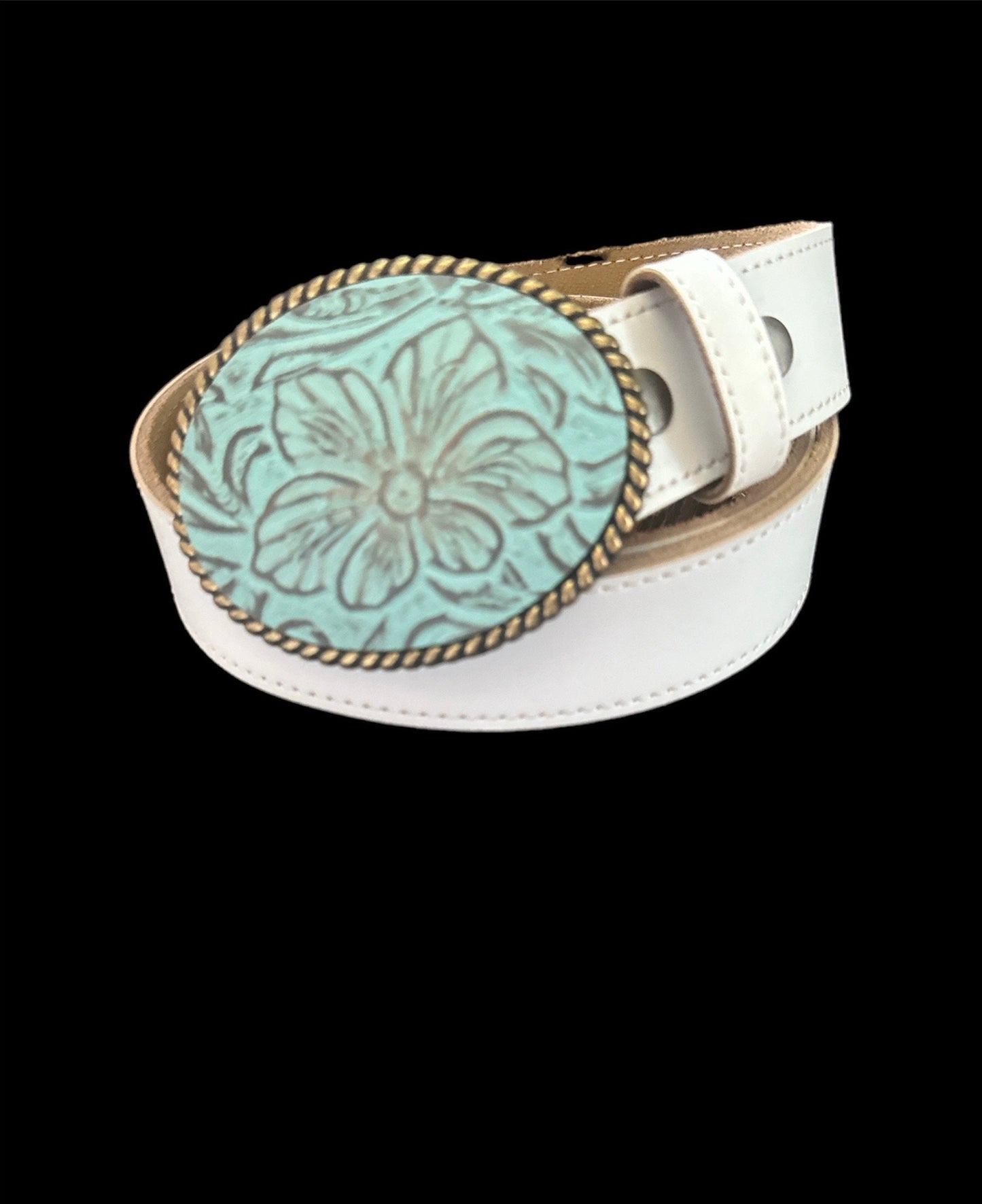 Floral Turquoise Embossed Leather Belt Buckle