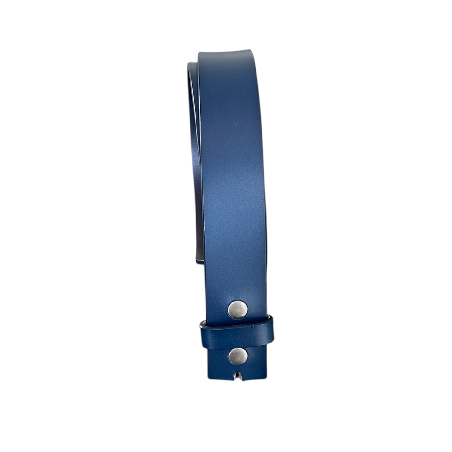Blue leather belt with silver snaps on a white background