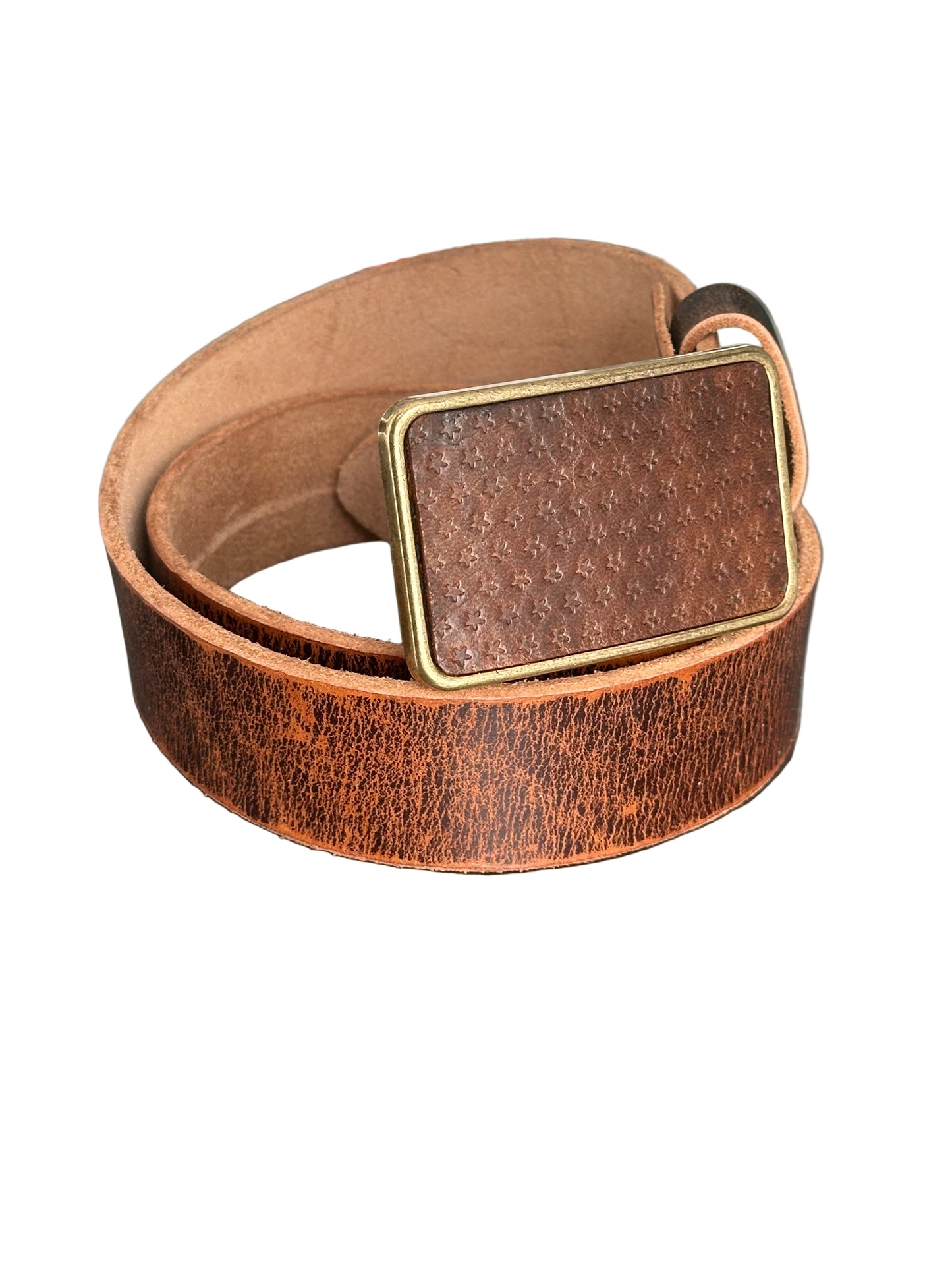 Star Embossed Brown Leather Belt Buckle