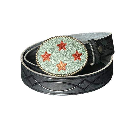 A black leather belt with a coiled oval buckle featuring a textured mint green center with four orange leather stars, surrounded by a rope gold-tone trim.
