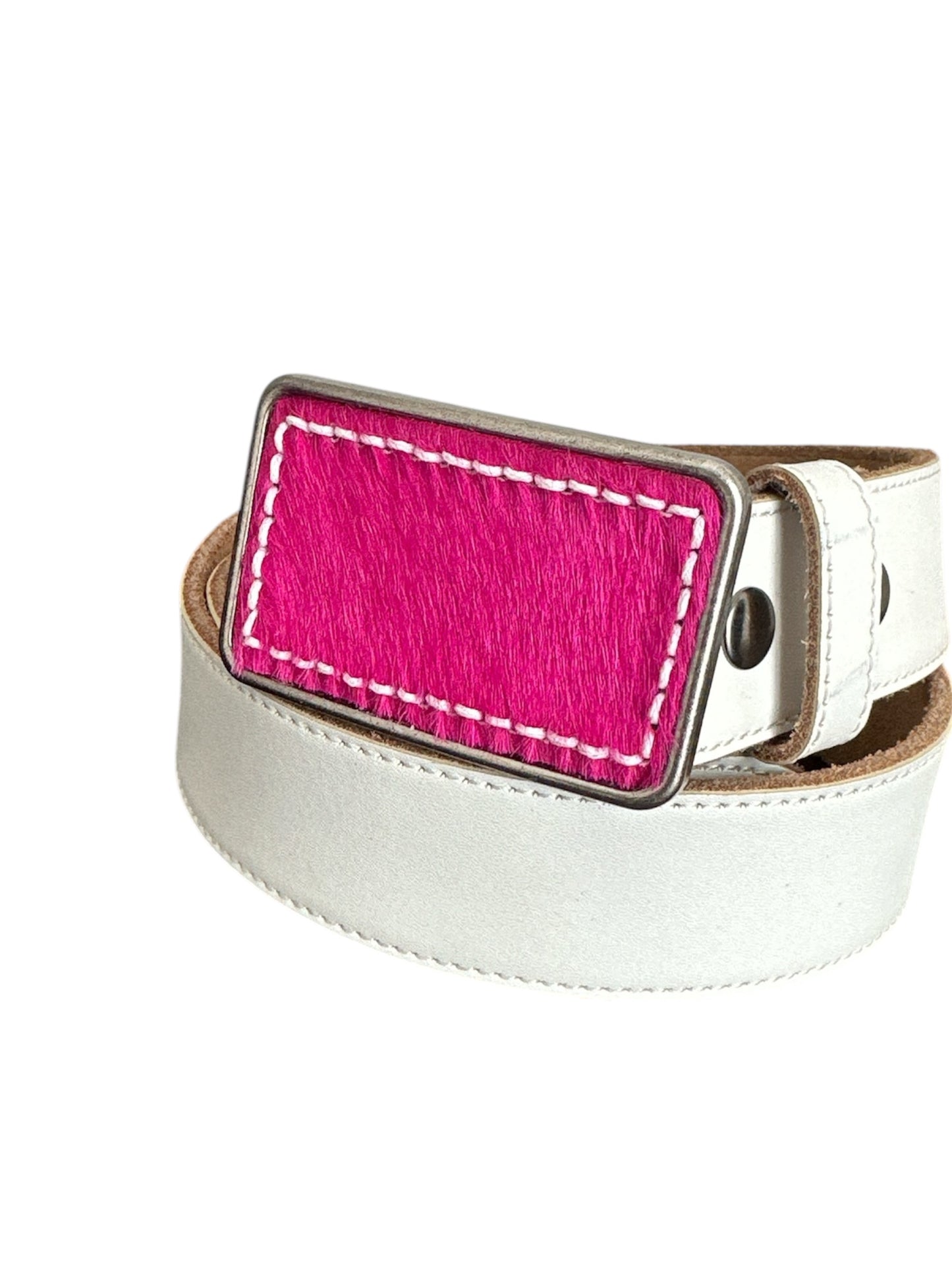 Hot Pink Hair on Leather Belt Buckle Handstitched