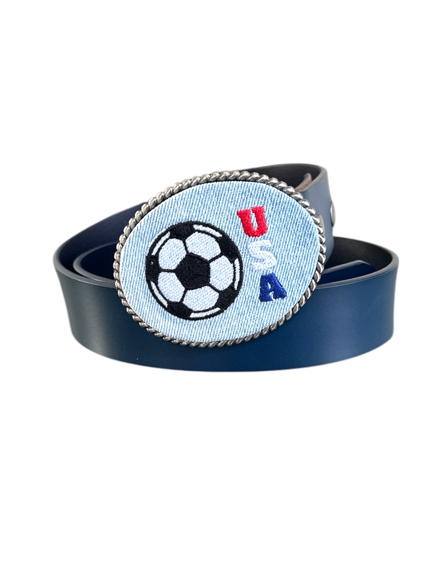 Denim Belt buckle with a soccer ball design and 'USA' text on a white background