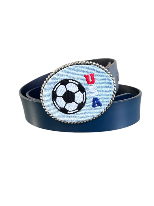 Denim Belt buckle with a soccer ball design and 'USA' text on a white background