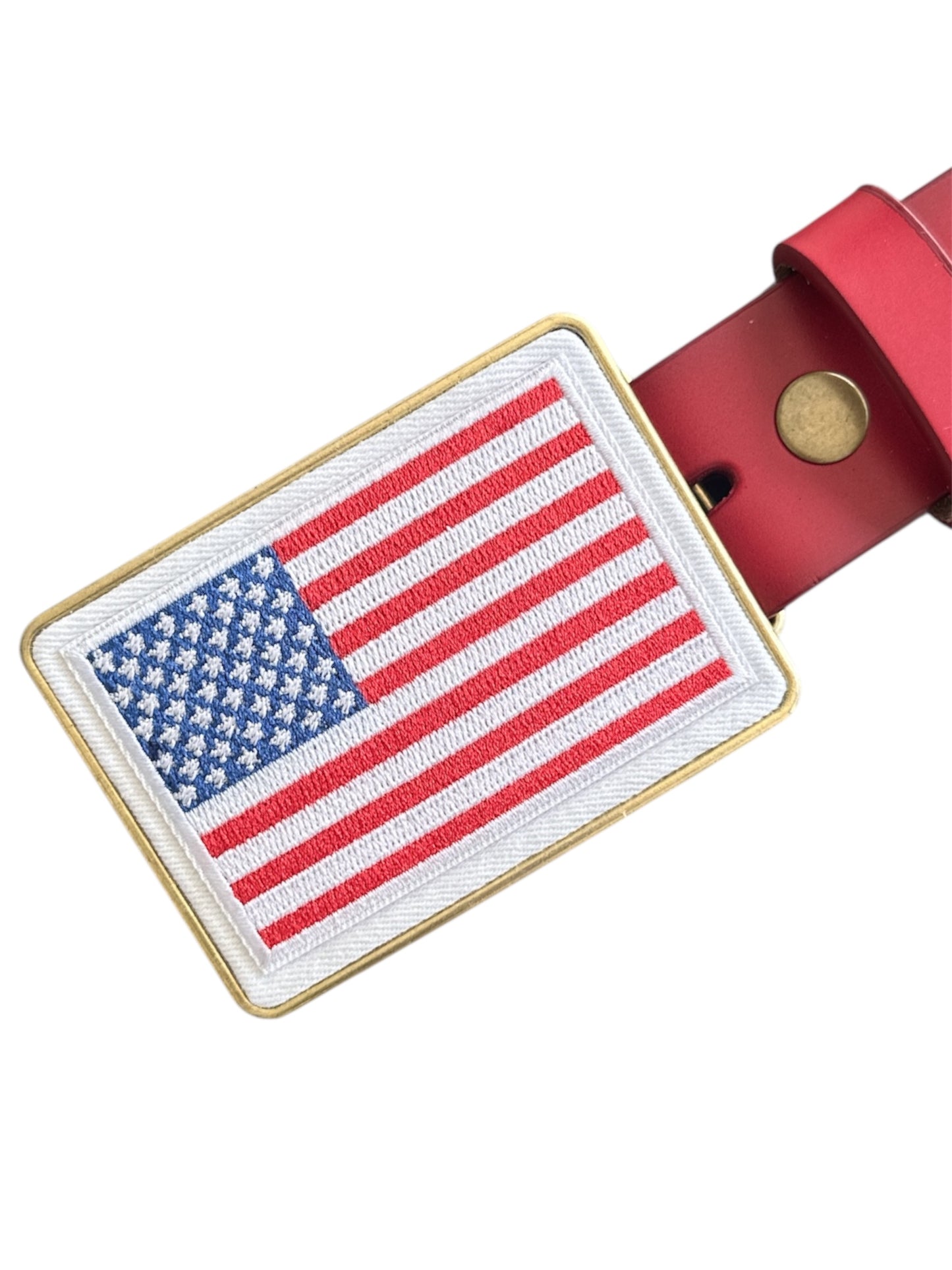 American flag pbuckle on a red belt 