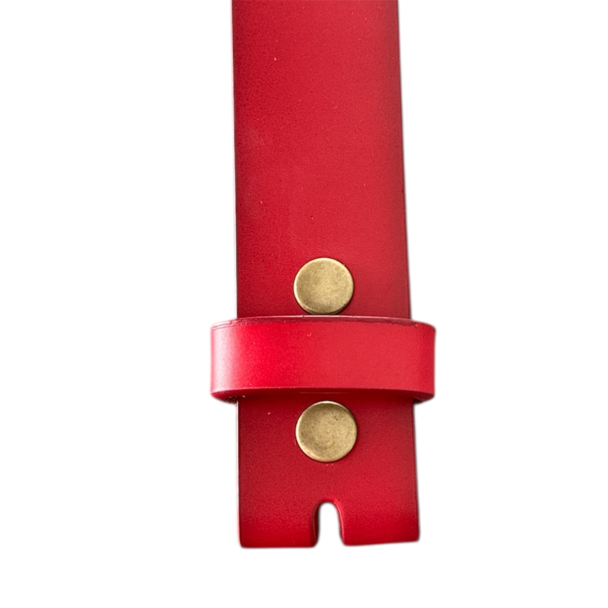 Red no buckle interchangeable snap belt with brass snaps on a white background