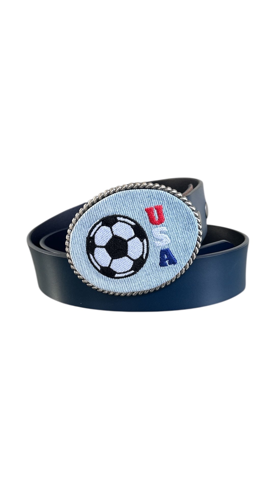 Blue belt with a soccer ball and 'USA' design on denim buckle with a white background