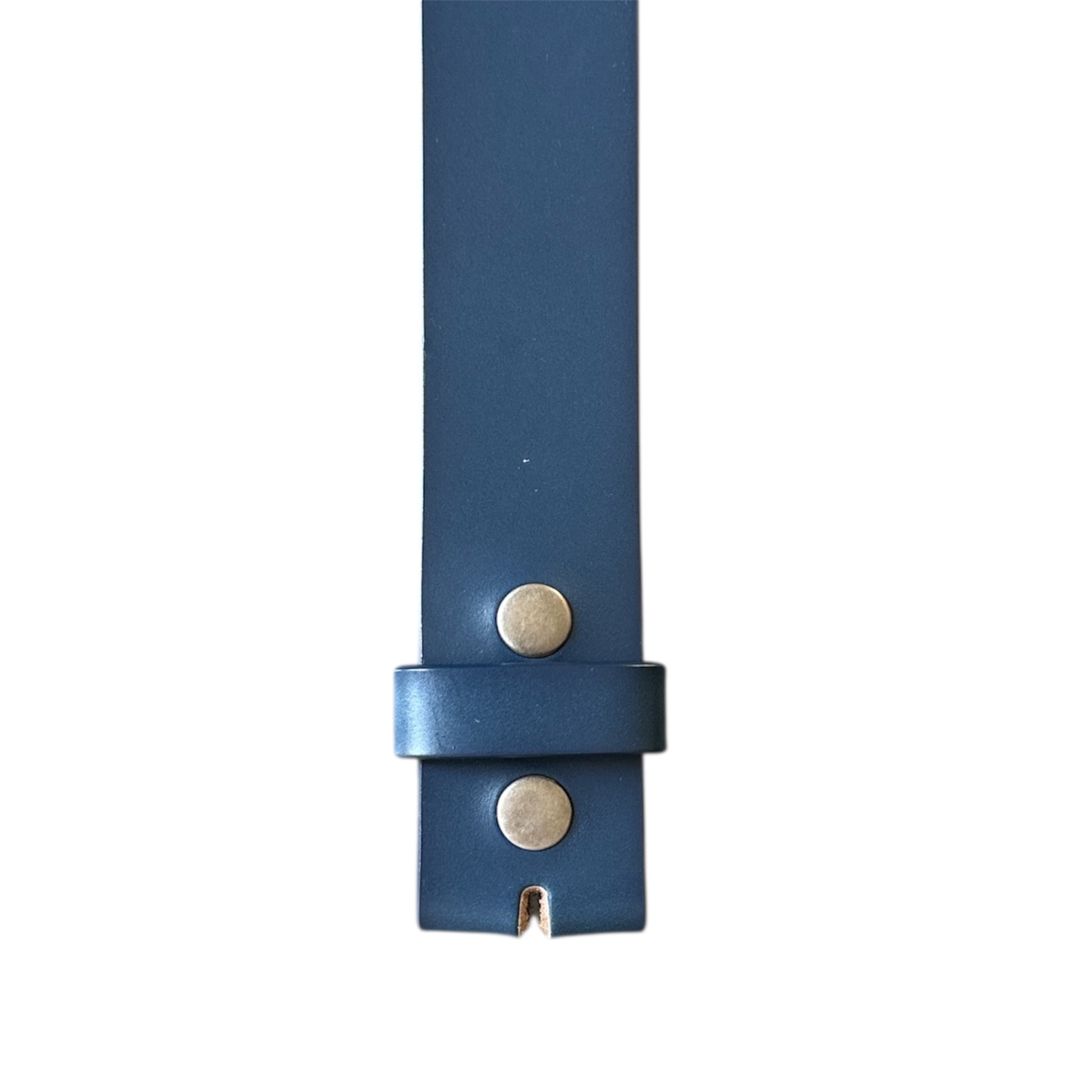 Navy blue leather interchangeable strap with no buckle on a white background