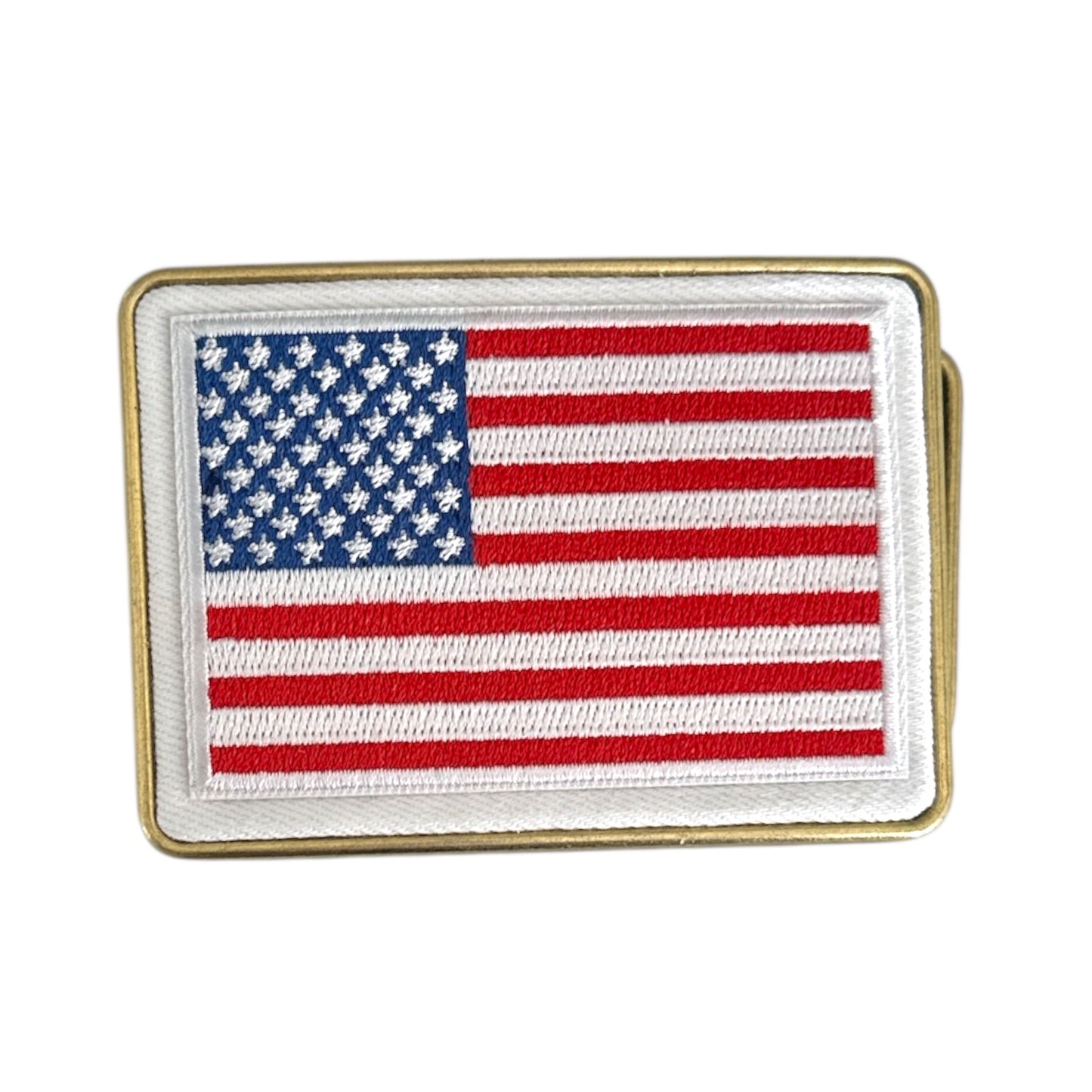 American flag patch designed on an antique brass belt buckle on a white background