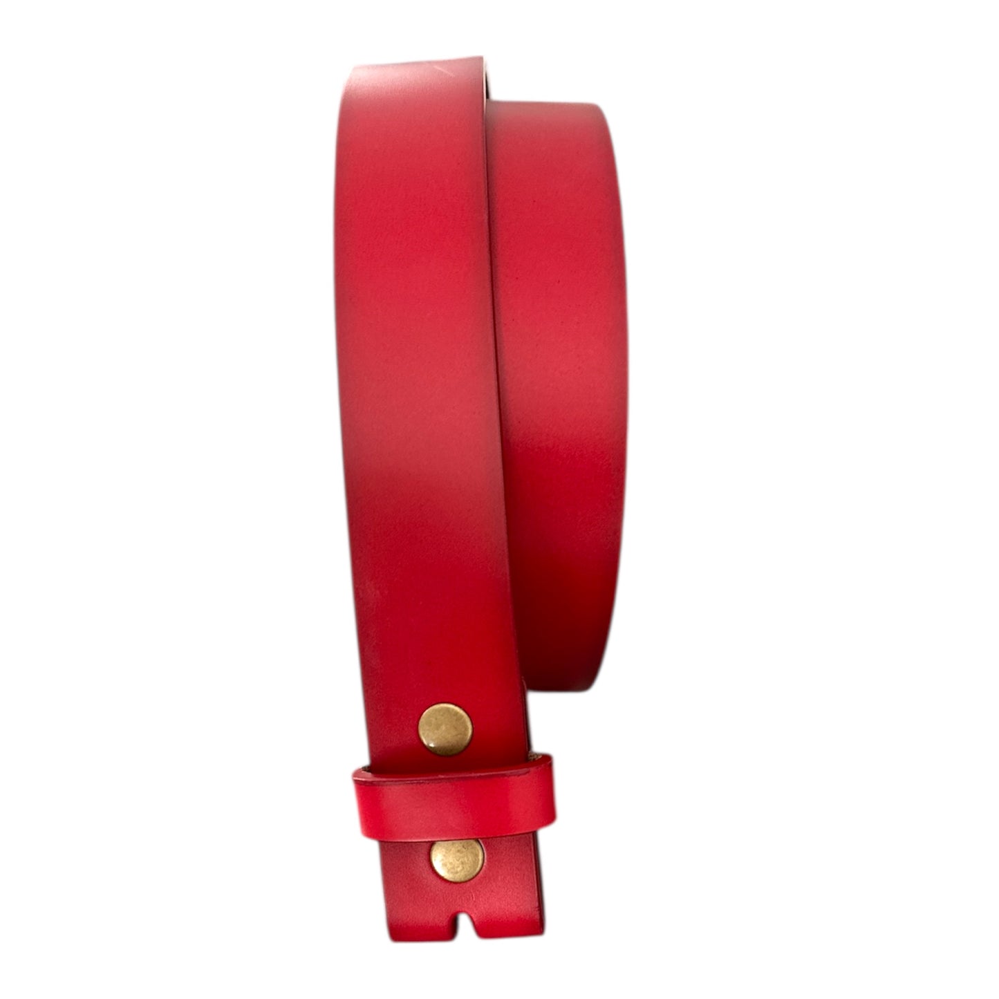 Red leather no buckle interchangeable belt with brass snaps on a white background