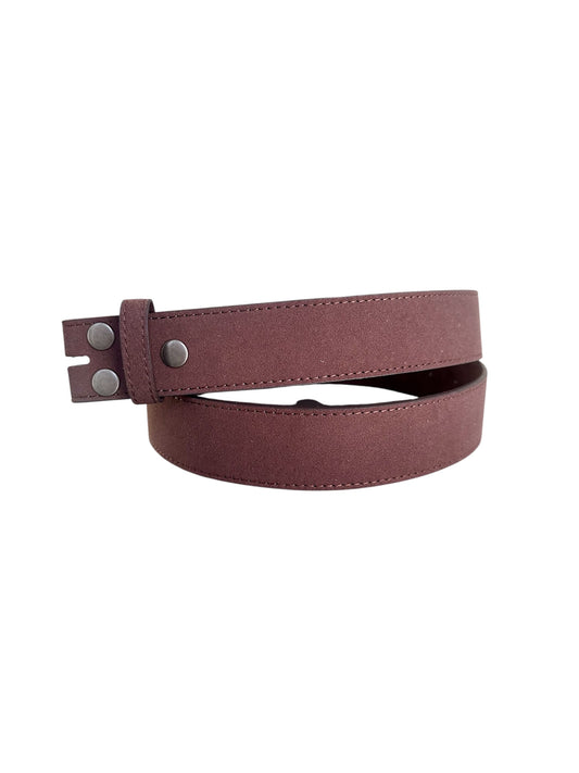 A brown stitched suede belt with gun metal colored snaps. There is no belt buckle on white background. 