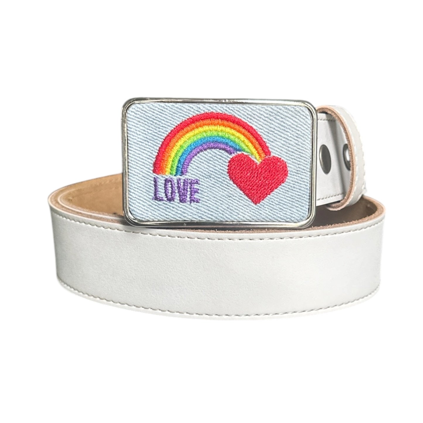 White belt with embroidered LGBTQ rainbow and heart belt buckle on a white background