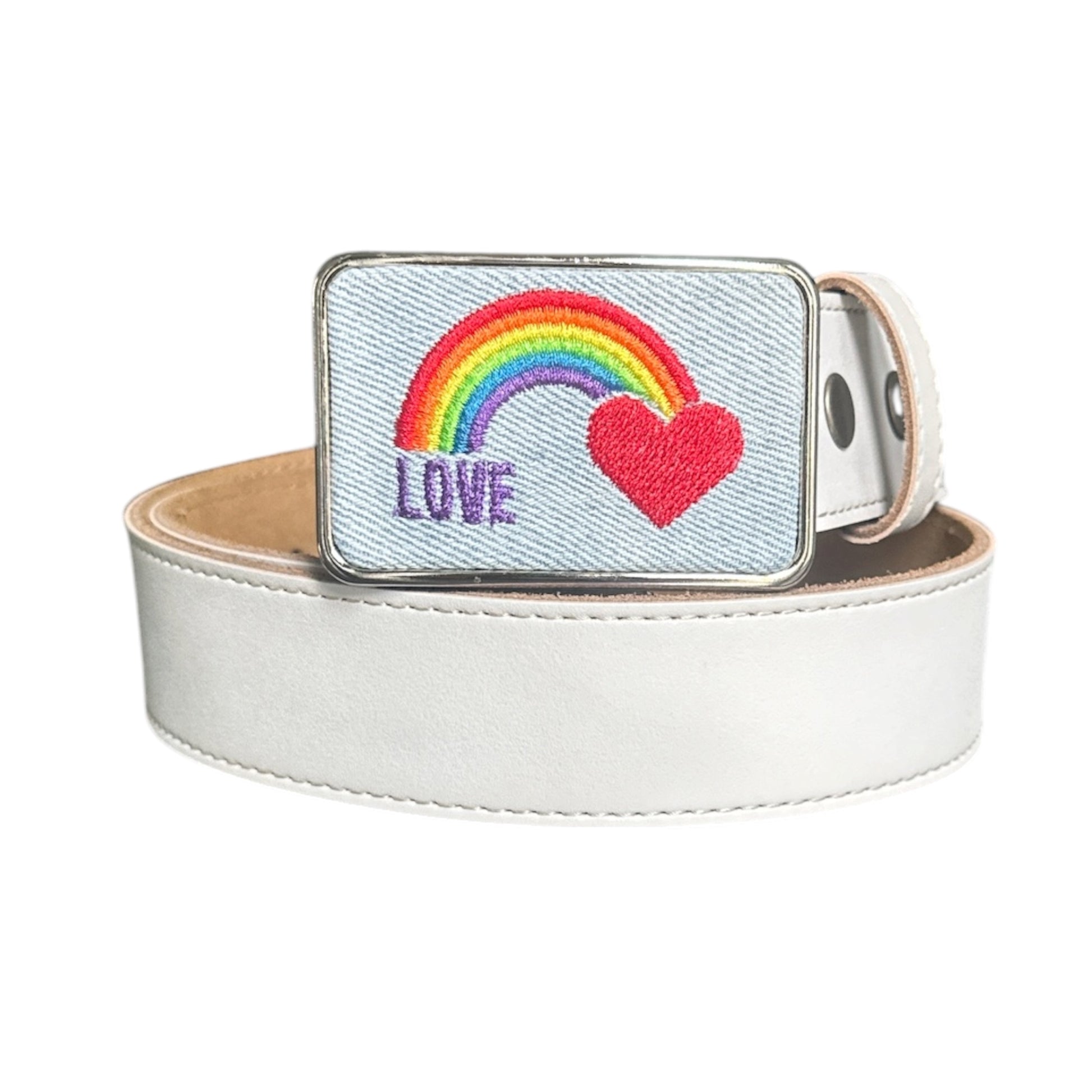 White belt with embroidered LGBTQ rainbow and heart belt buckle on a white background