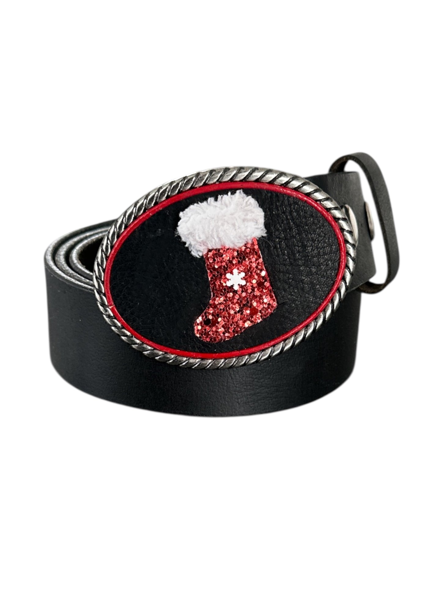 Christmas Stocking Belt Buckle- antique silver and antique brass