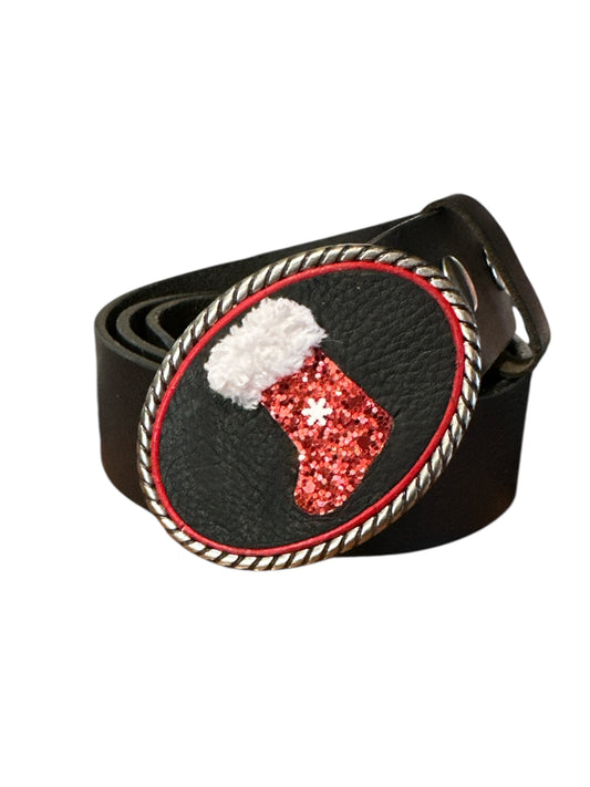 Christmas Stocking Belt Buckle- antique silver and antique brass