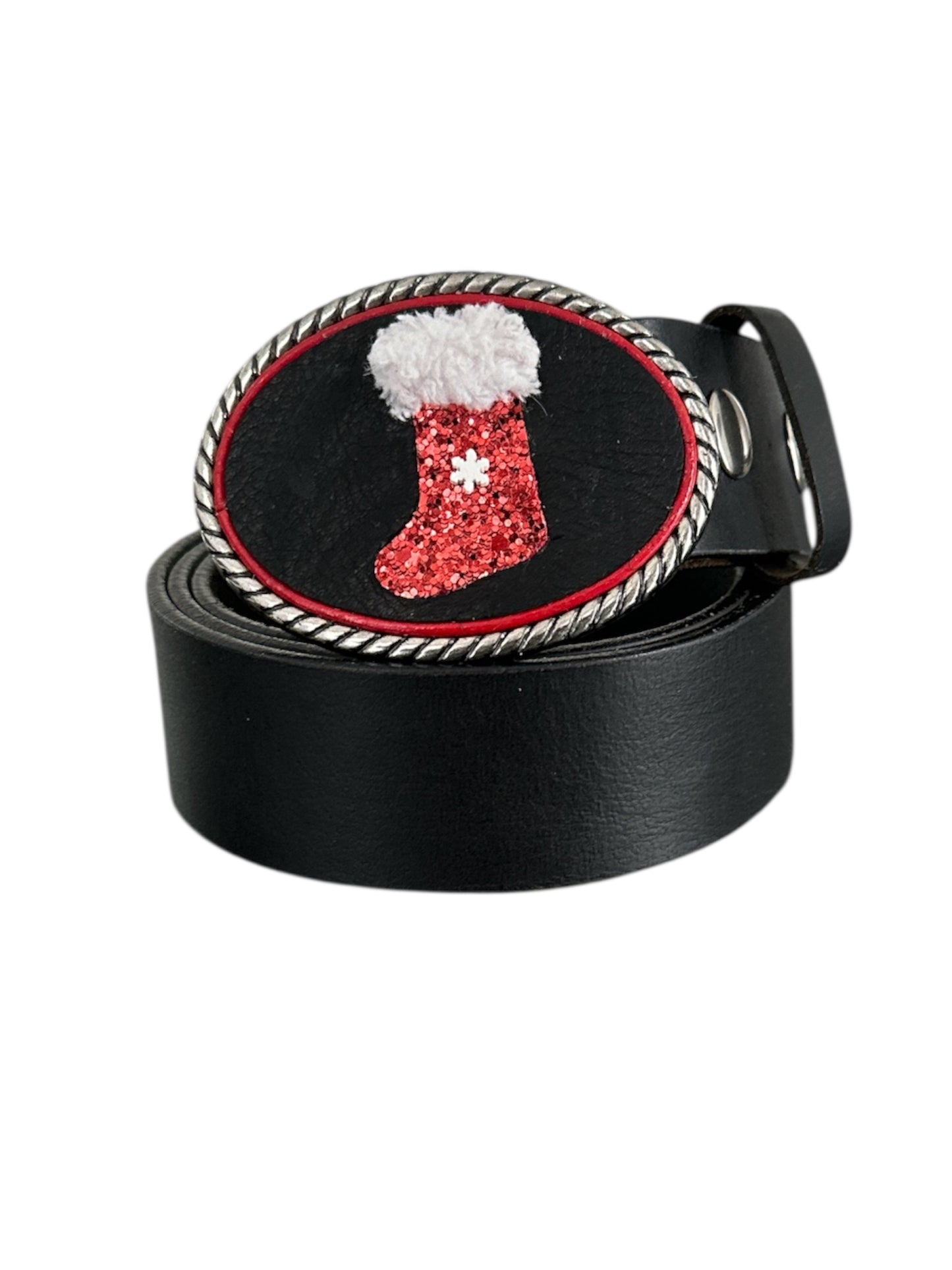 Christmas Stocking Belt Buckle- antique silver and antique brass