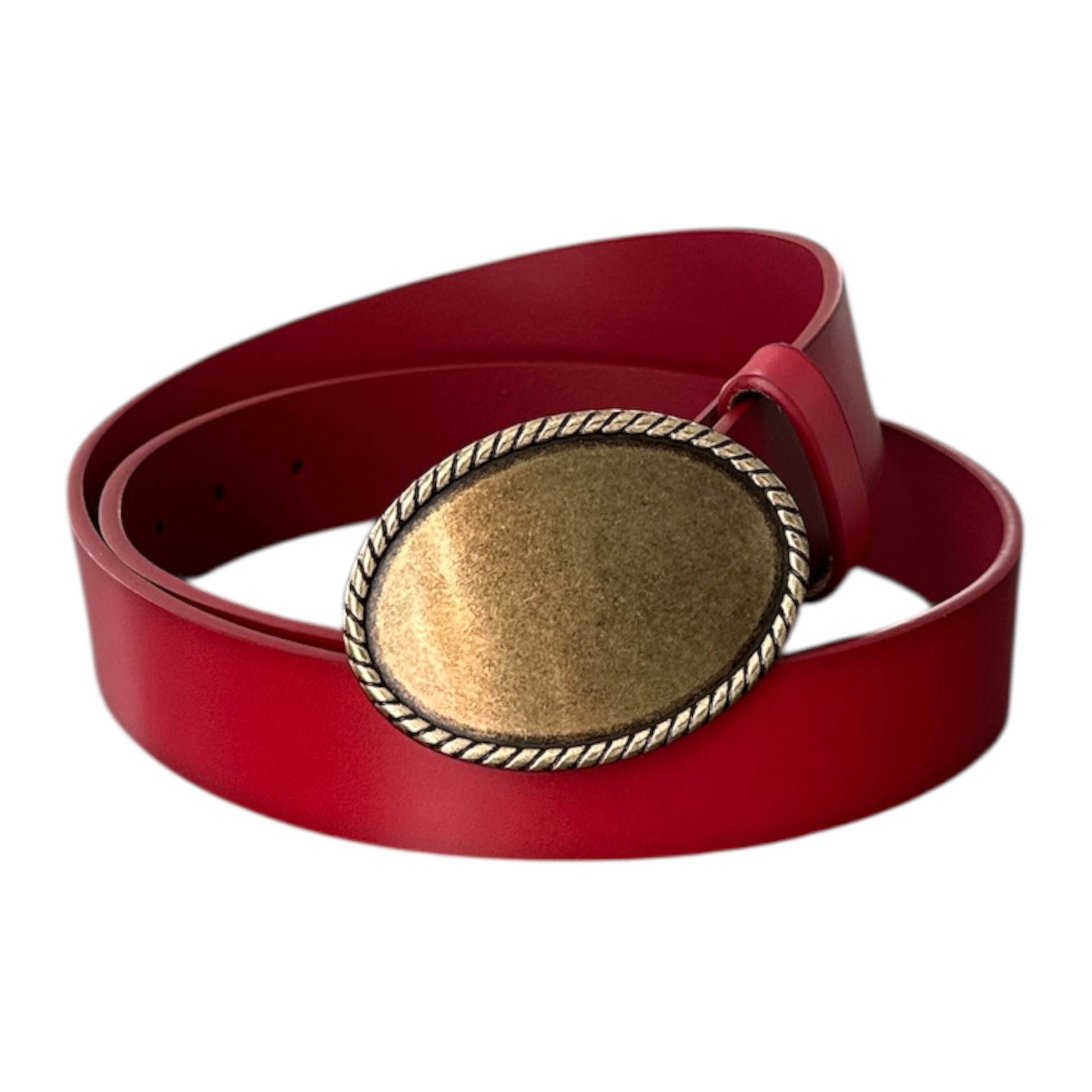 Red belt with a gold buckle on a white background