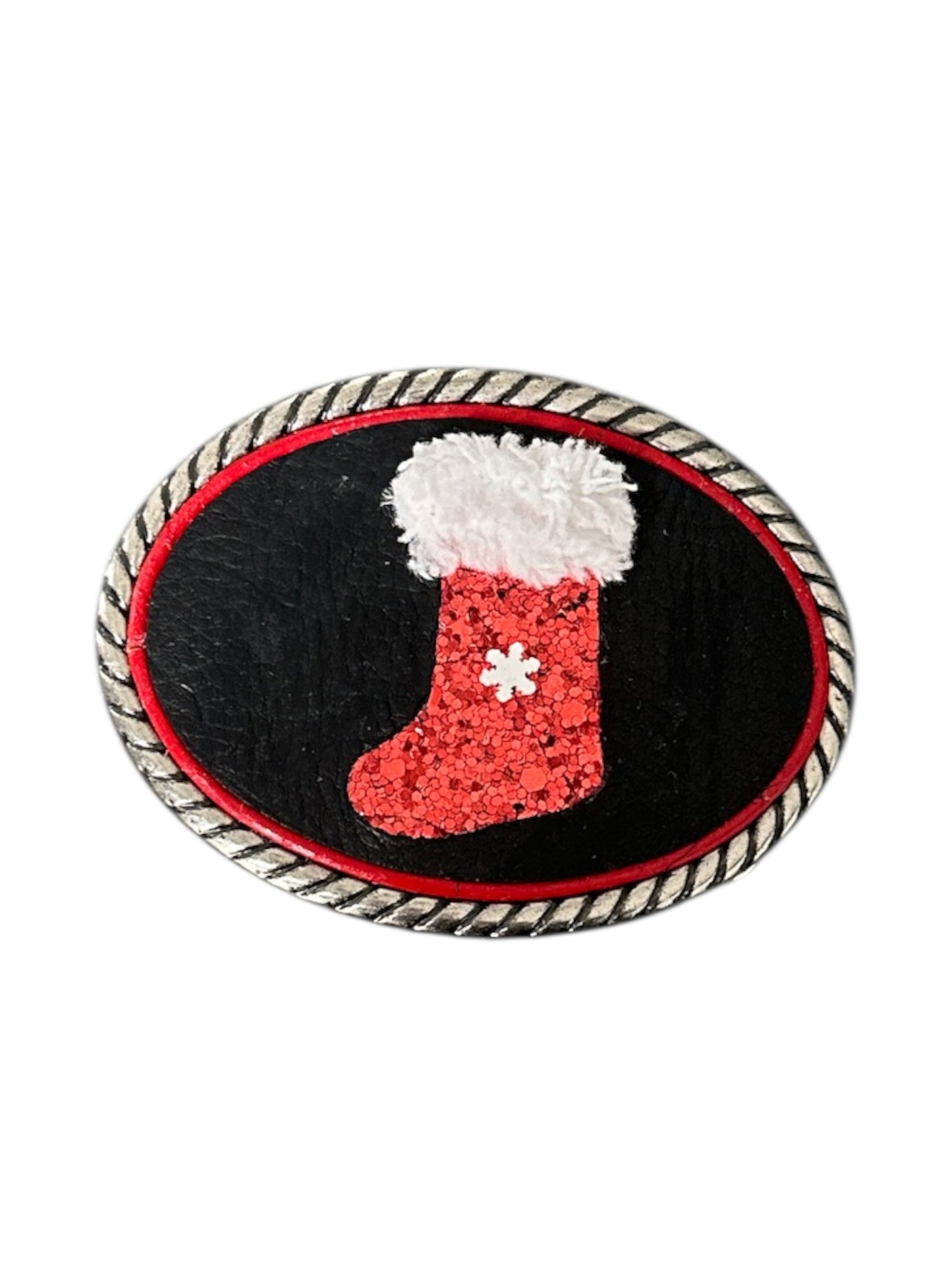 Christmas Stocking Belt Buckle- antique silver and antique brass