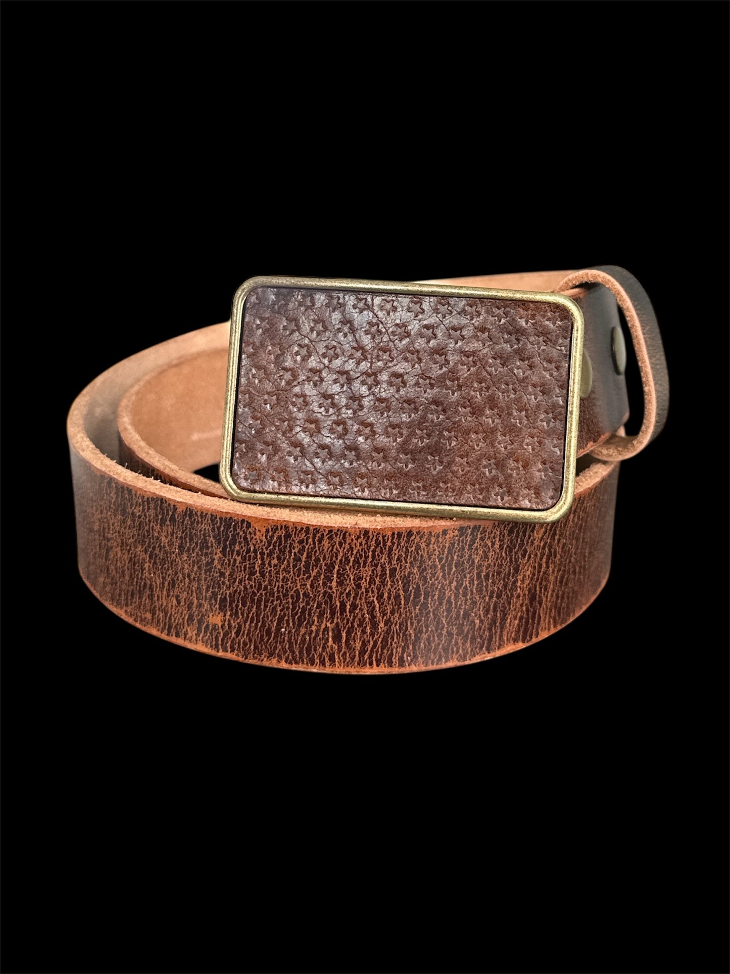 Star Embossed Brown Leather Belt Buckle
