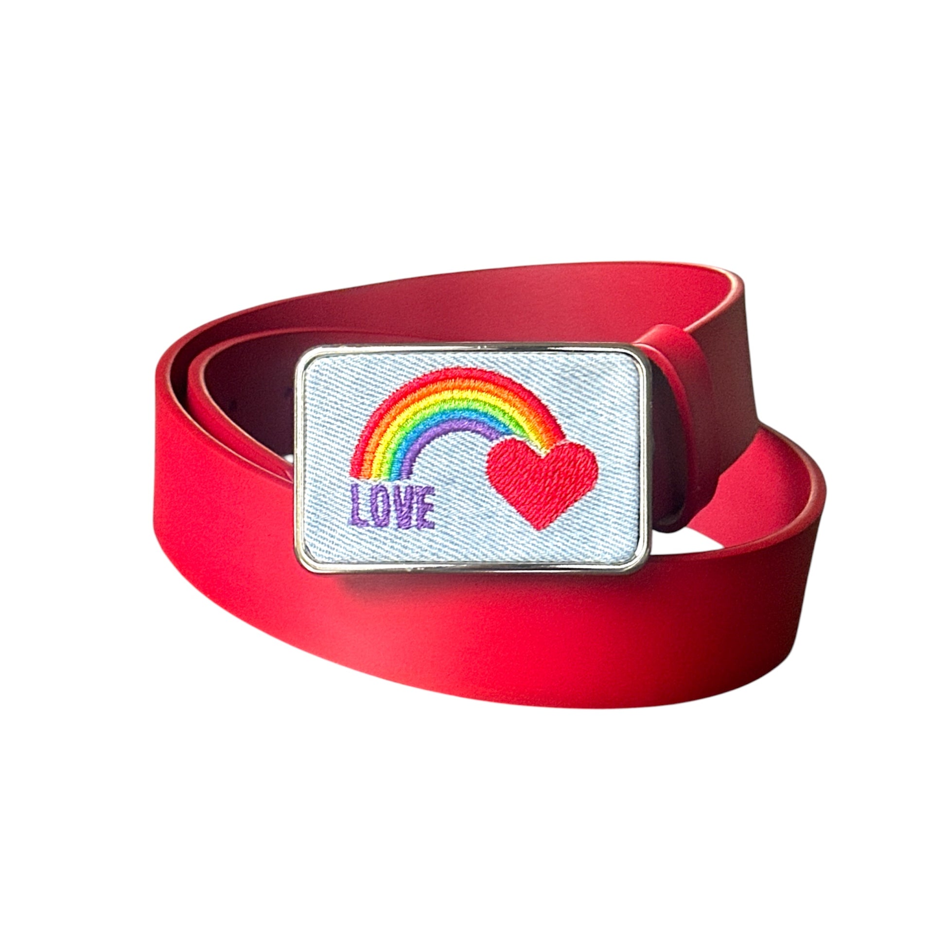 Red belt with a silver buckle featuring a LGBTQ rainbow and heart design on a white background