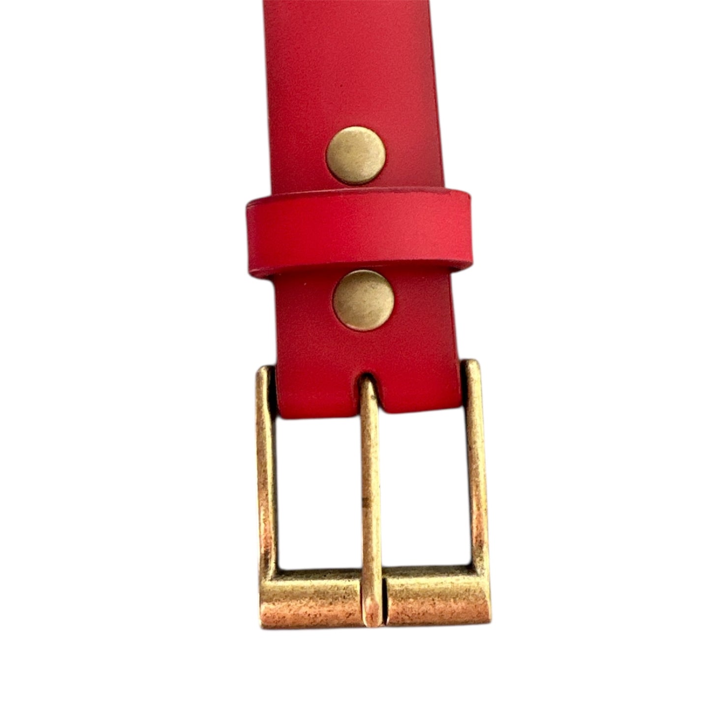 Red leather belt with gold buckle on a white background