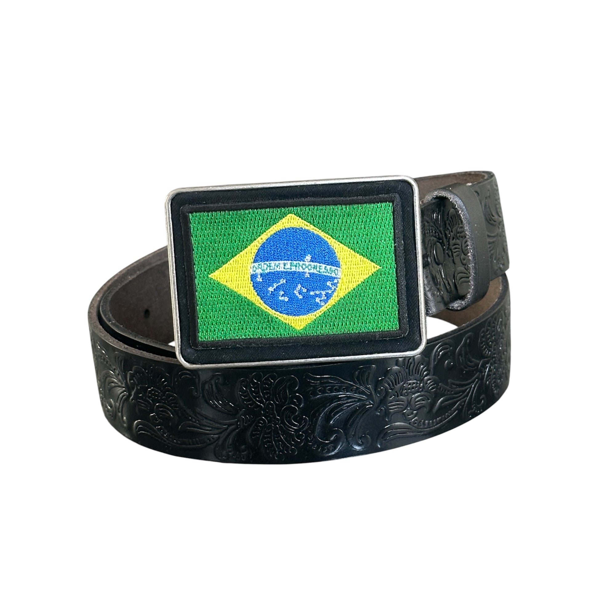 Belt with a buckle featuring the Brazilian flag on a white background