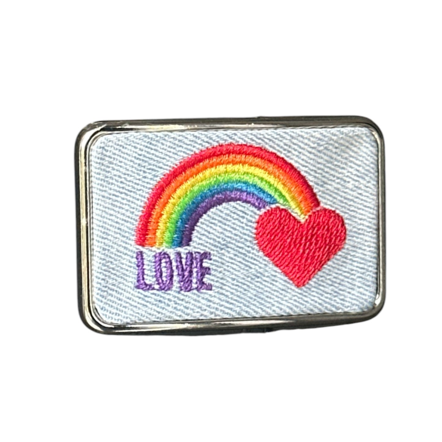Embroidered belt with rainbow and heart design on a white background
