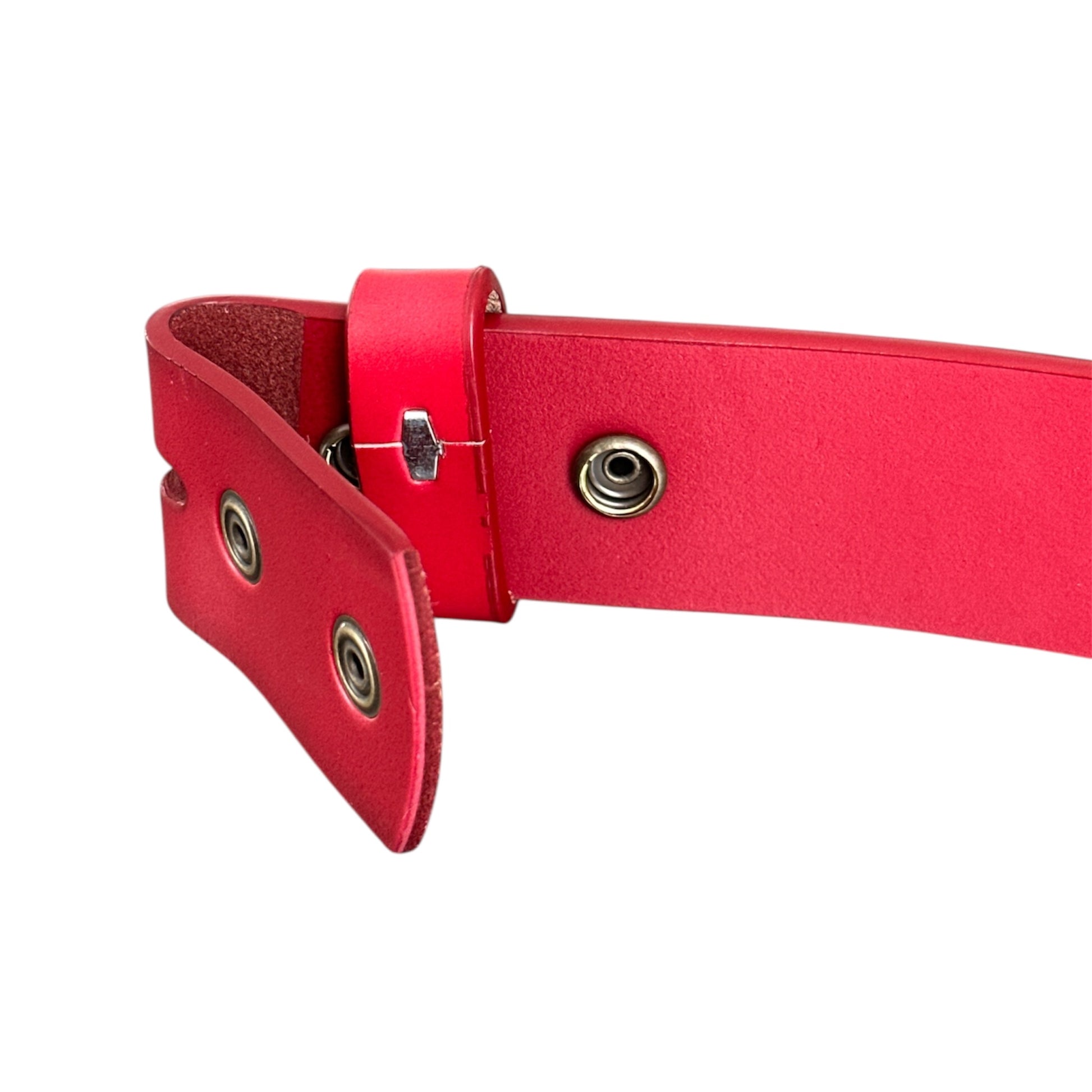 Red leather no buckle belt on a white background