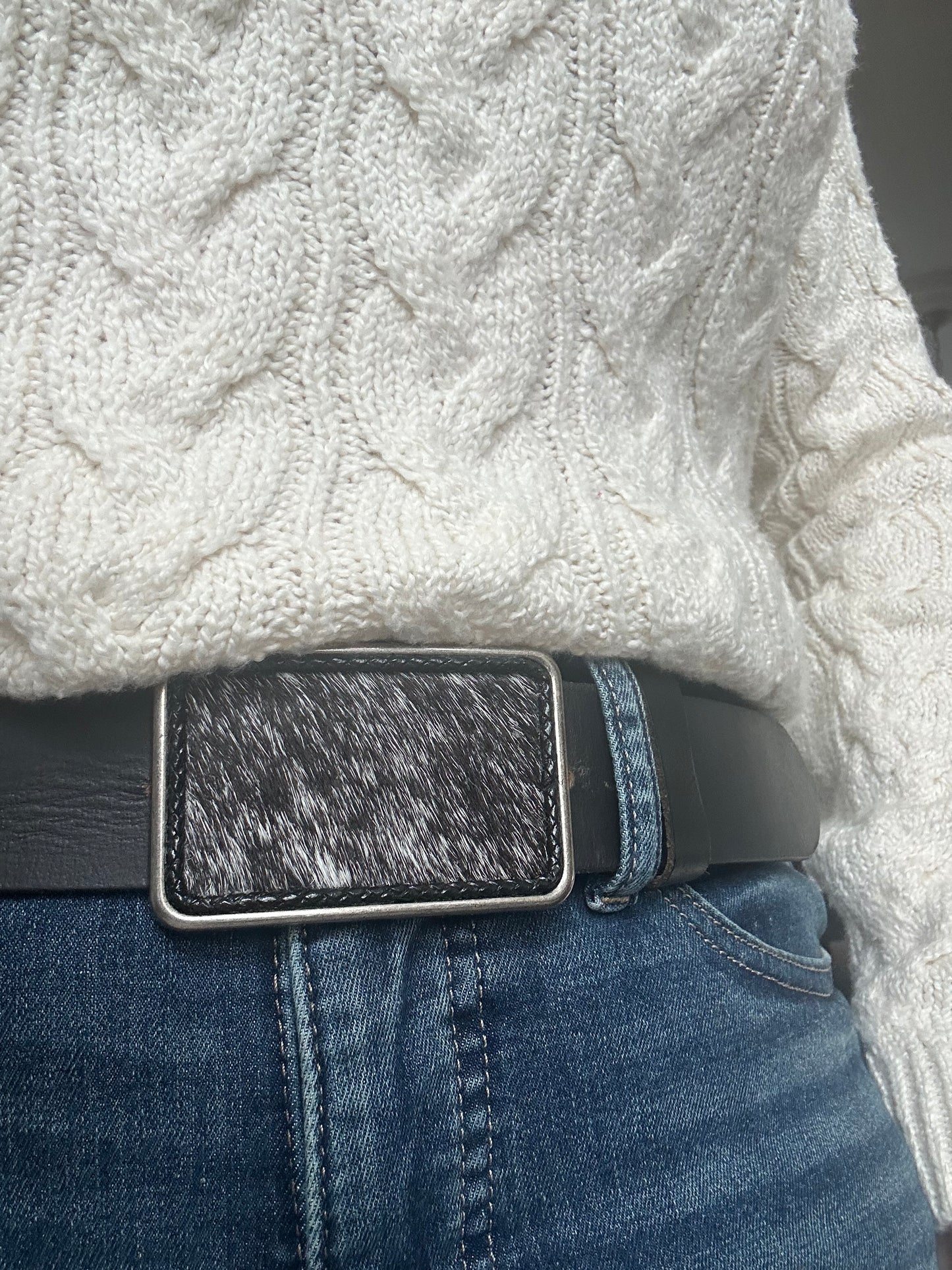 Black White Hair on Leather Rectangular Belt Buckle