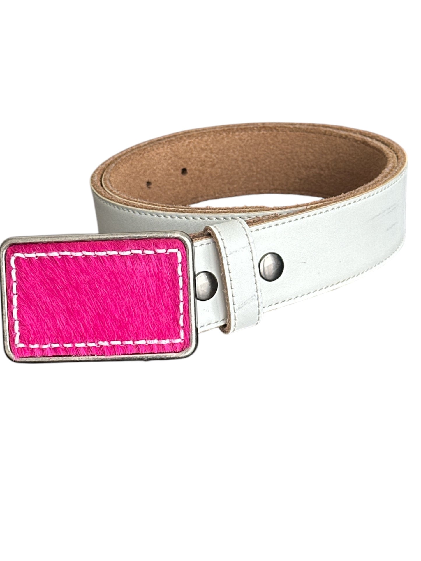 Hot Pink Hair on Leather Belt Buckle Handstitched