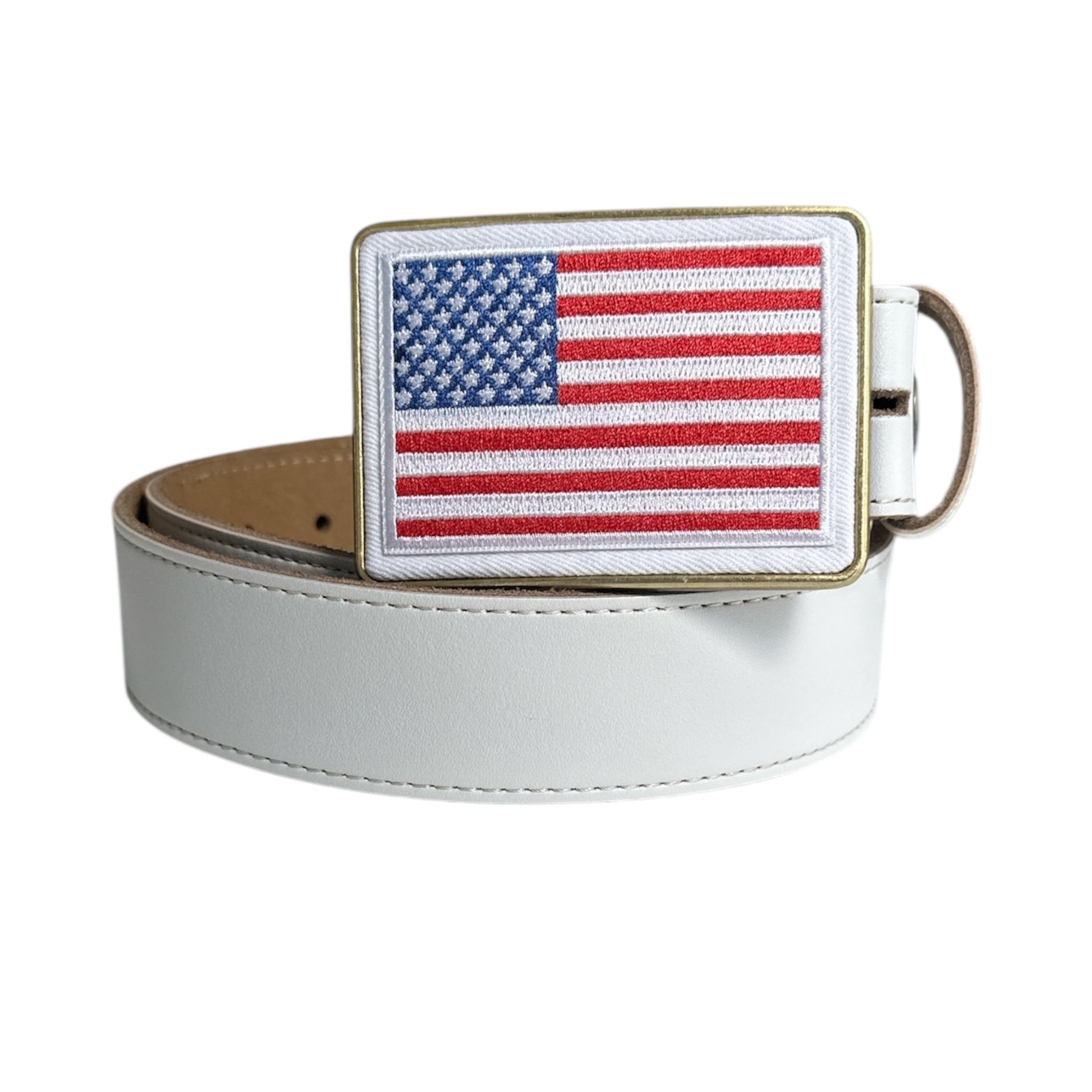 White belt with American flag buckle on a white background