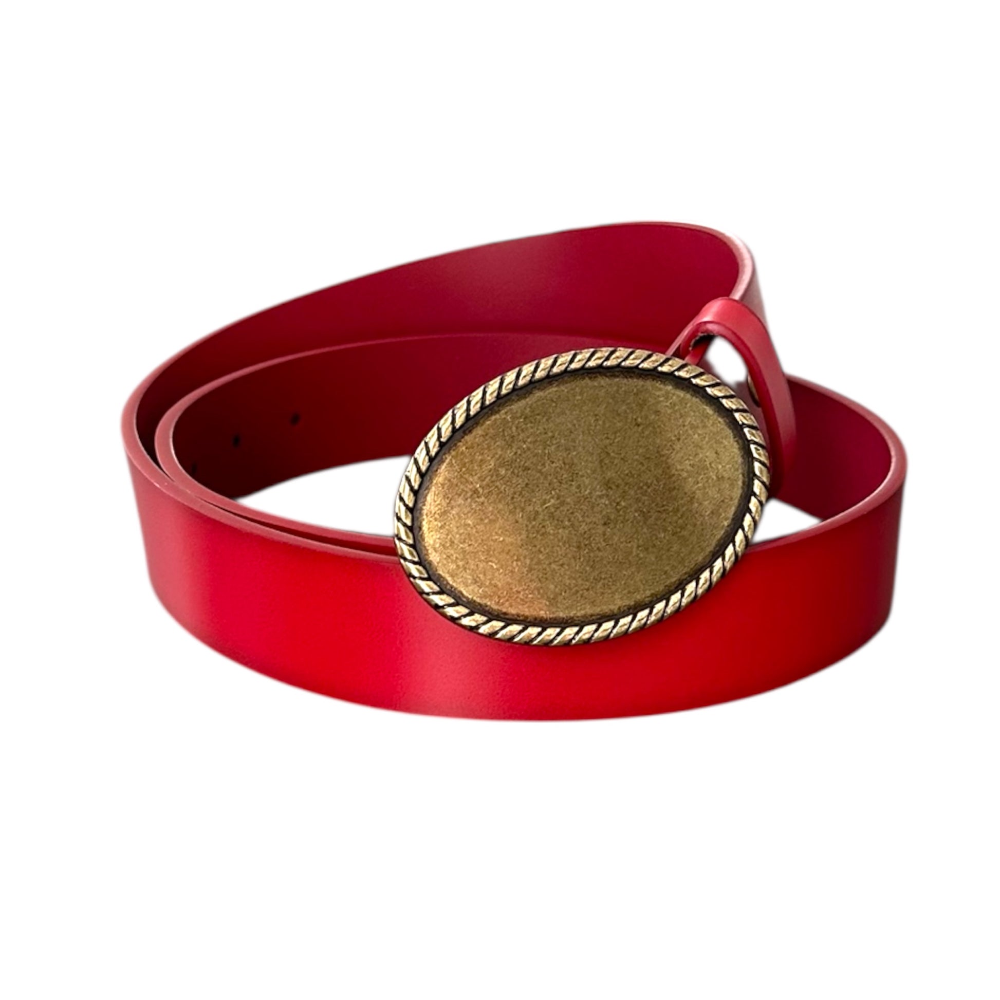 Red belt with a gold buckle on a white background