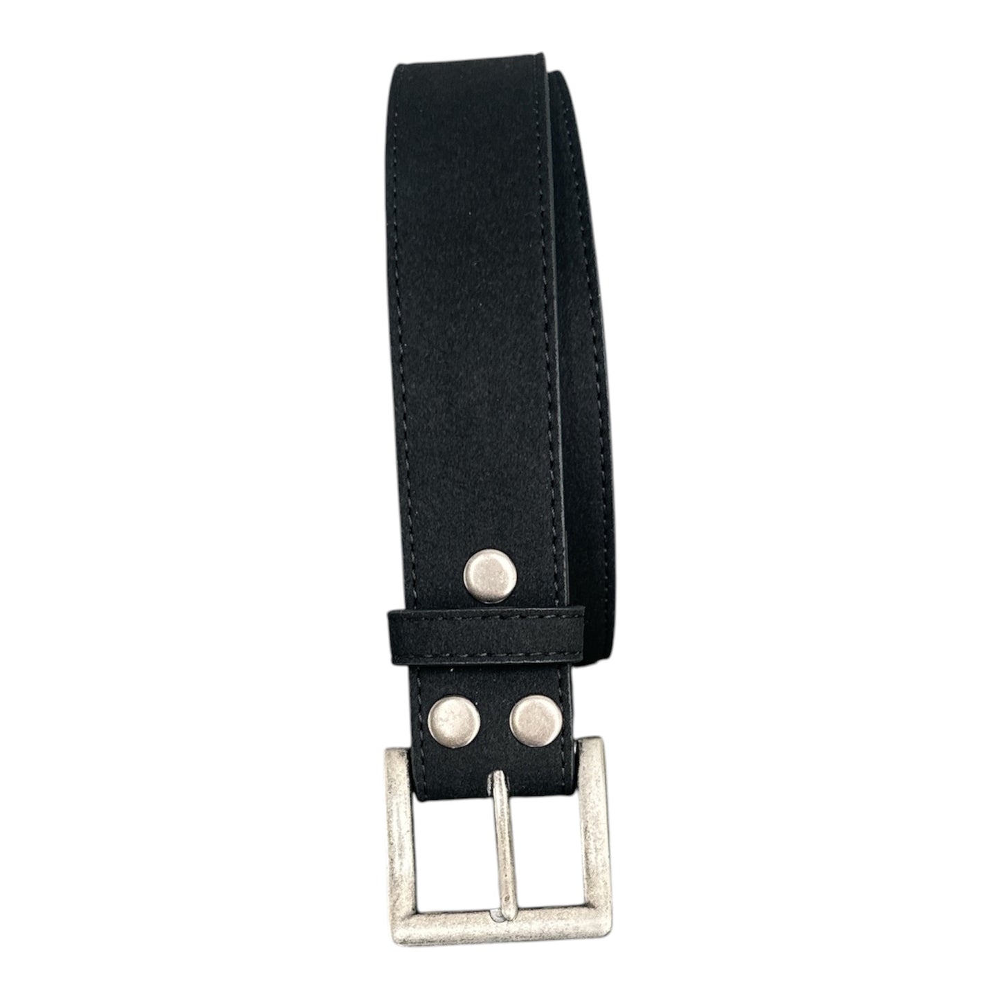 Black suede stitched belt with antique silver removeable belt buckle on white background 