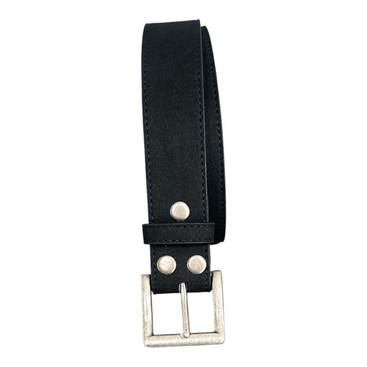 Black suede stitched belt with antique silver removeable belt buckle on white background 