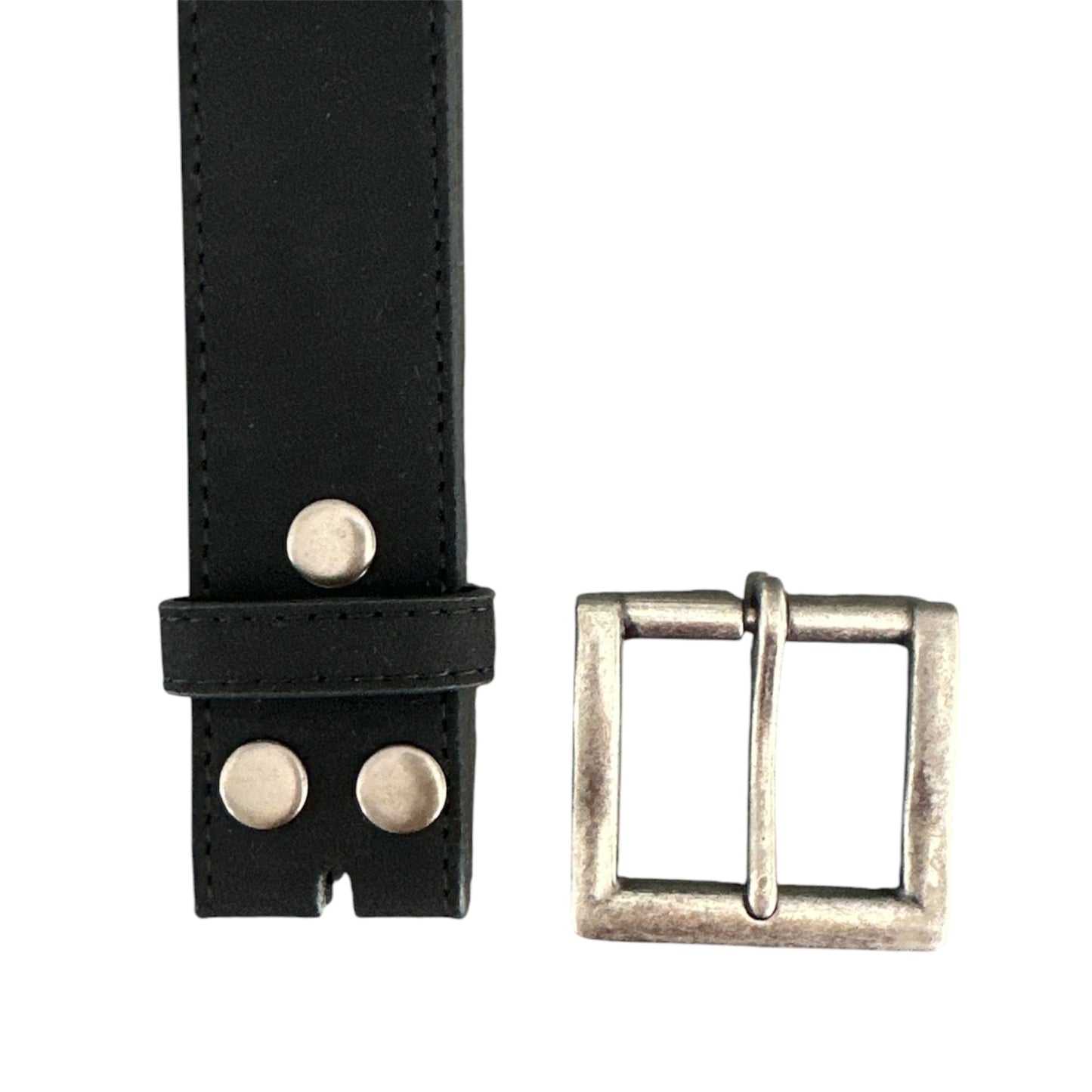 black suede stitch belt displayed with an antique silver buckle on side on white background. 