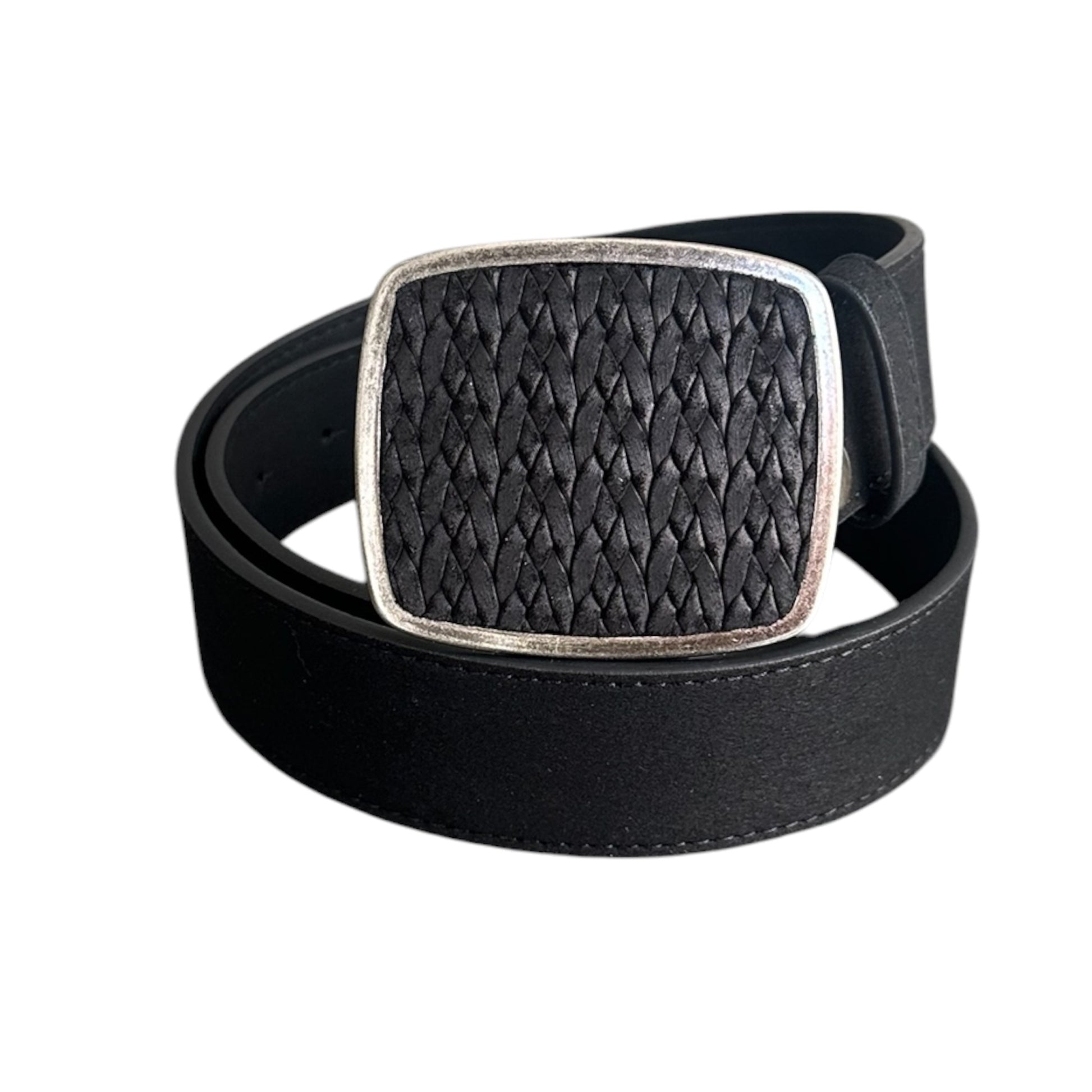 Black suede belt with a removeable black braided belt buckle on white background.
