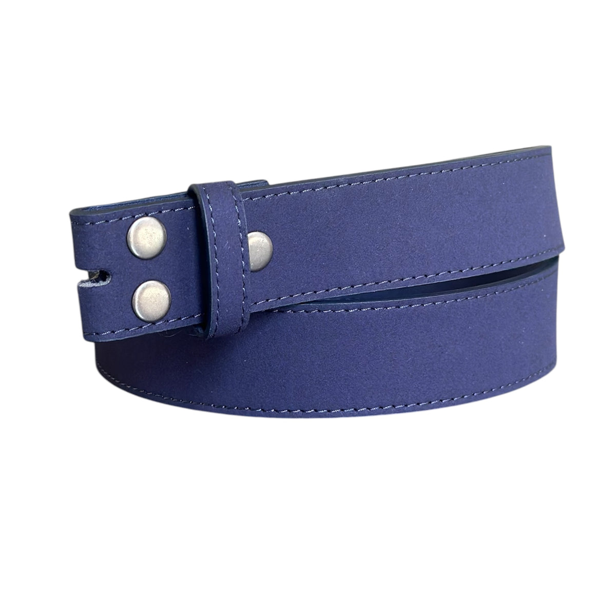 A blue stitched suede belt with silver metal rivets  coiled on a plain white background. Interchangeable belt